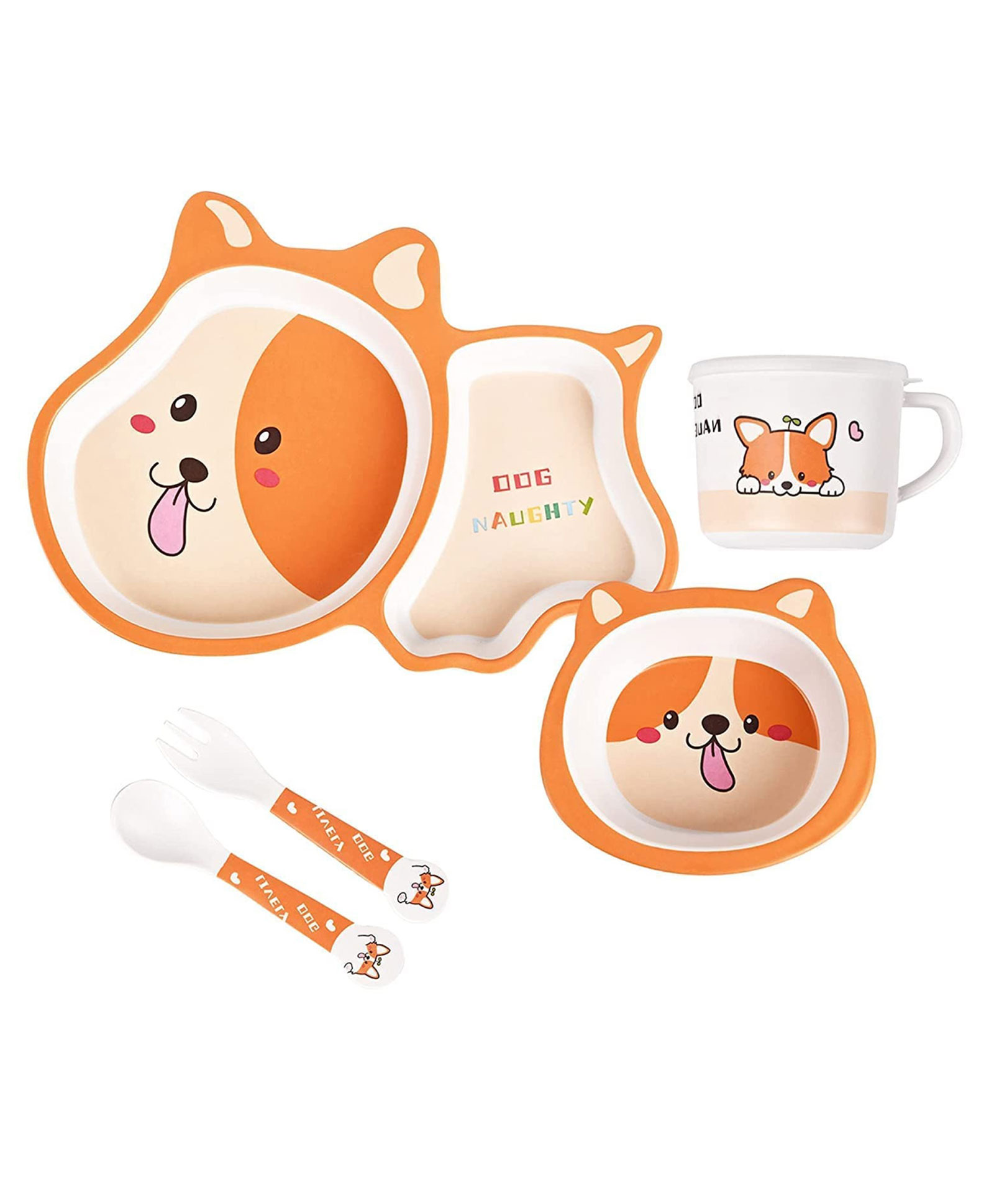 Negocio Bamboo Dinner Set for Kids Eco Friendly Dishwasher Safe Plate Bowl Cup Spoons And Forks Set Unbreakable Baby Feeding Funny Dog Animal Shape Reusable Enjoy Pasta Noodle Bowl Soup Ice Cream-picture-20