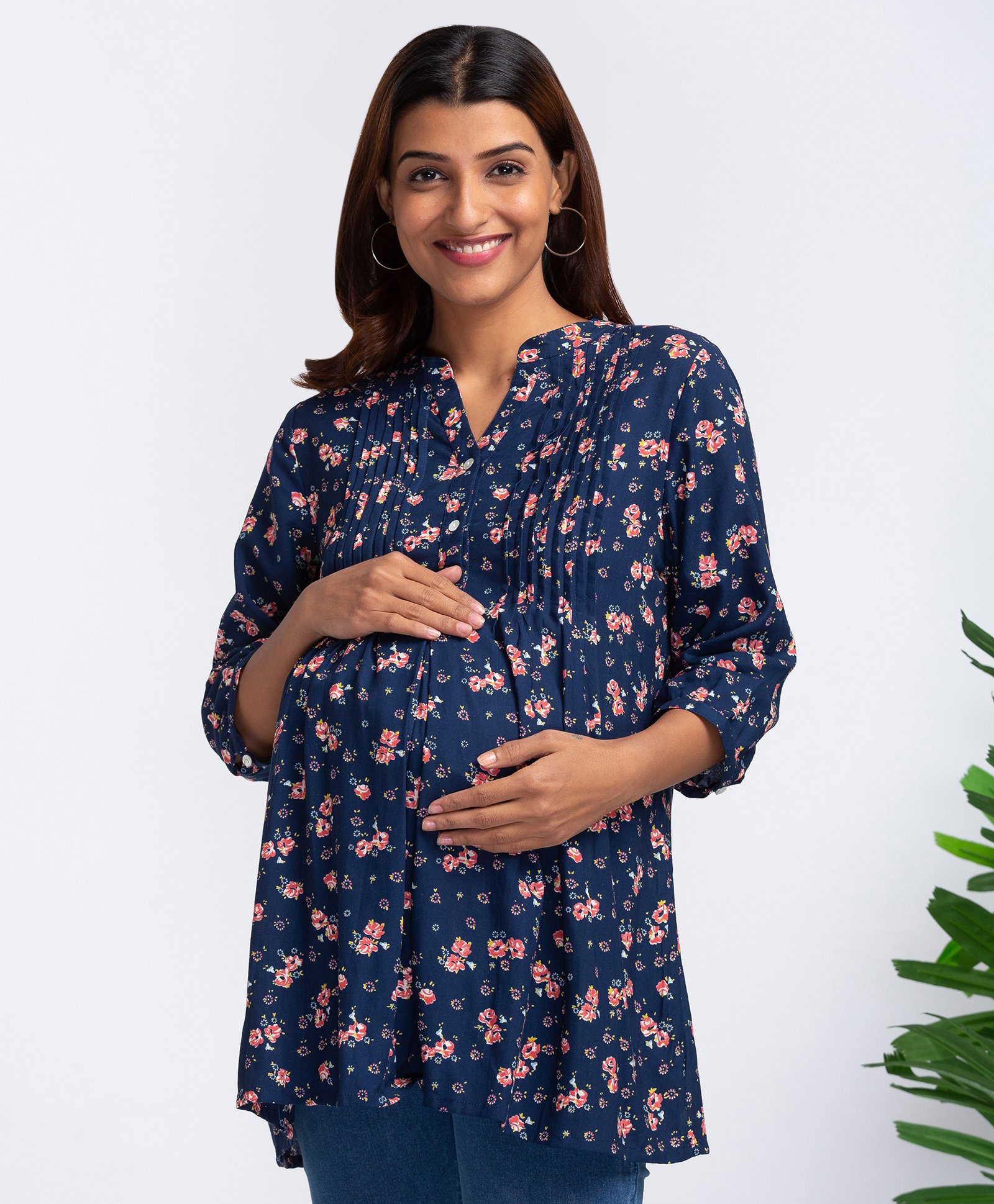 Bella Mama 3/4th Sleeves Maternity Top Floral Print - Blue-image-1