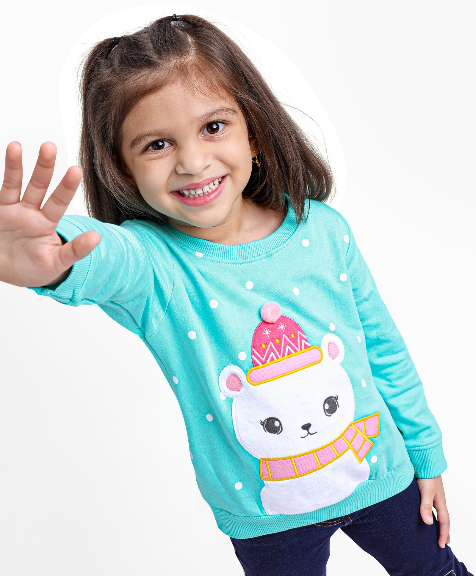 Babyhug Full Sleeves Cotton Knit Sweatshirt With Applique & Pom-Pom Detailing - Aqua Blue-image-1