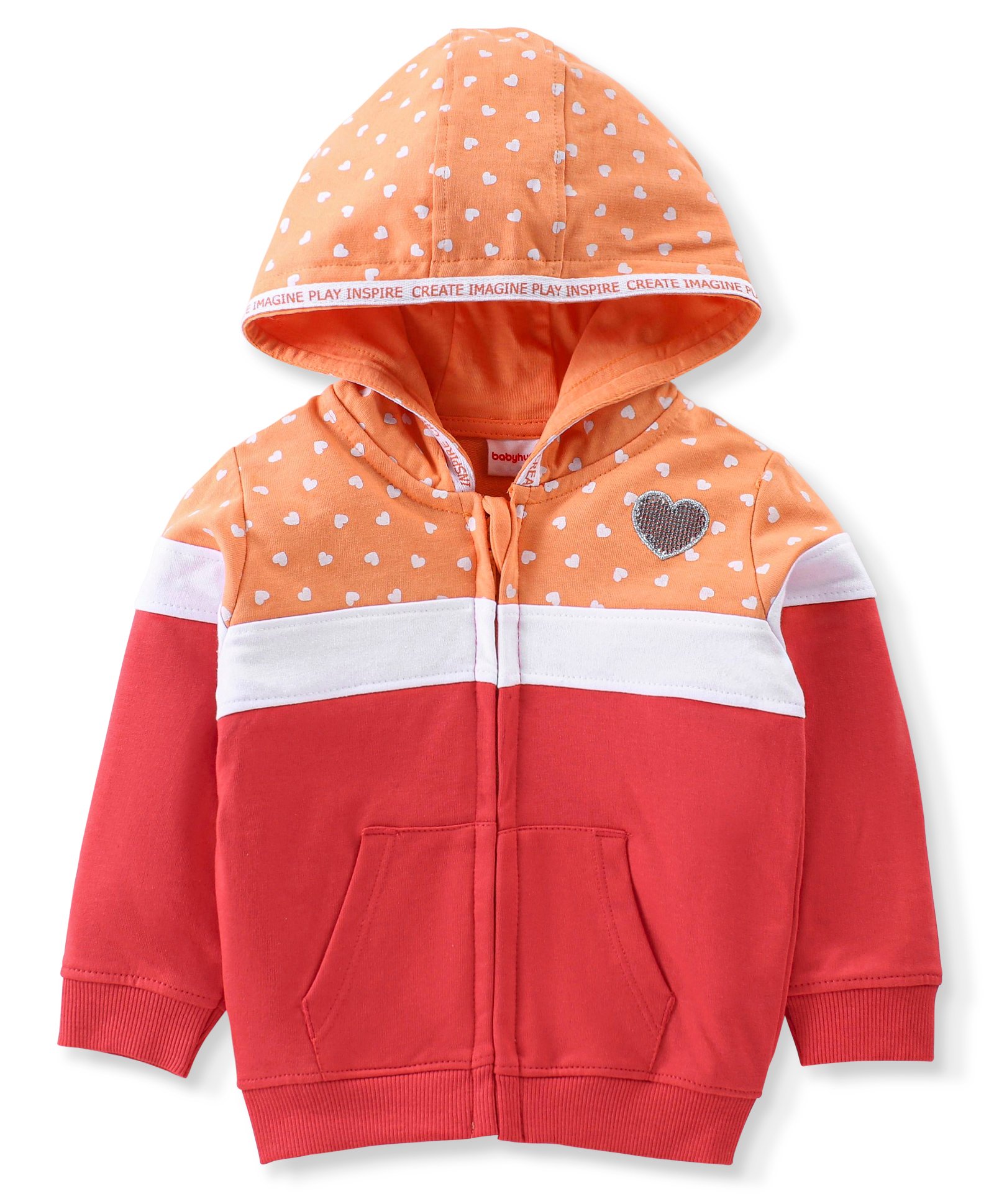Babyhug Cotton Full Sleeves Front Open Sweat Jacket With Zipper & Hood Heart Print - Orange Red & White-image-22