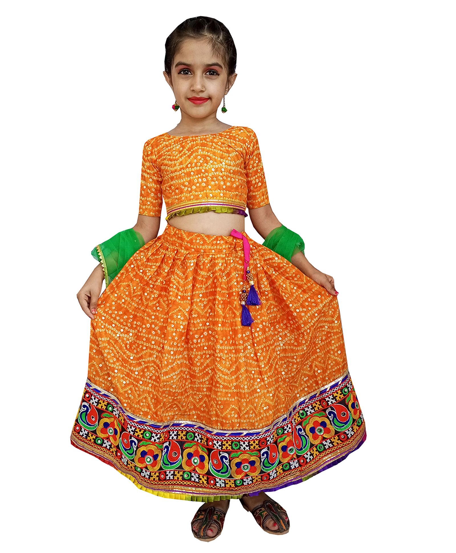 Aglare Half Sleeves Embroidered Lace Embellishment Hem Detail Bandhani Choli & Lehenga With Lace Embellished Net Dupatta - Yellow-image-49