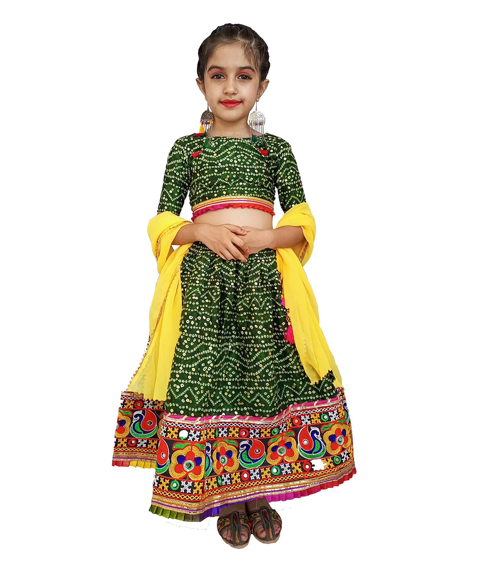 Aglare Half Sleeves Embroidered Lace Embellishment Hem Detail Bandhani Choli & Lehenga With Lace Embellished Net Dupatta - Green-image-4