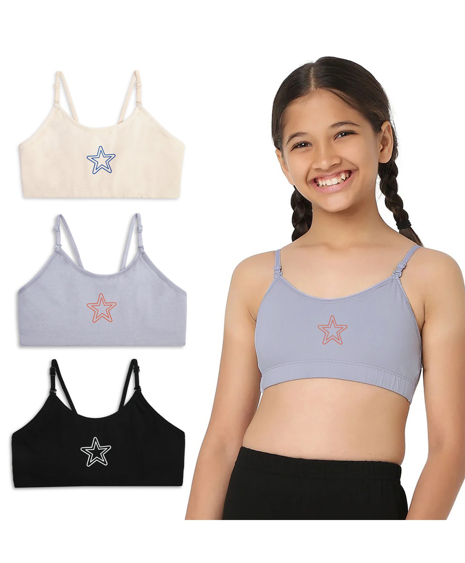 Plan B Starry Placement Printed Pack of 3 Training Bras - Black Cream & Grey-image-49