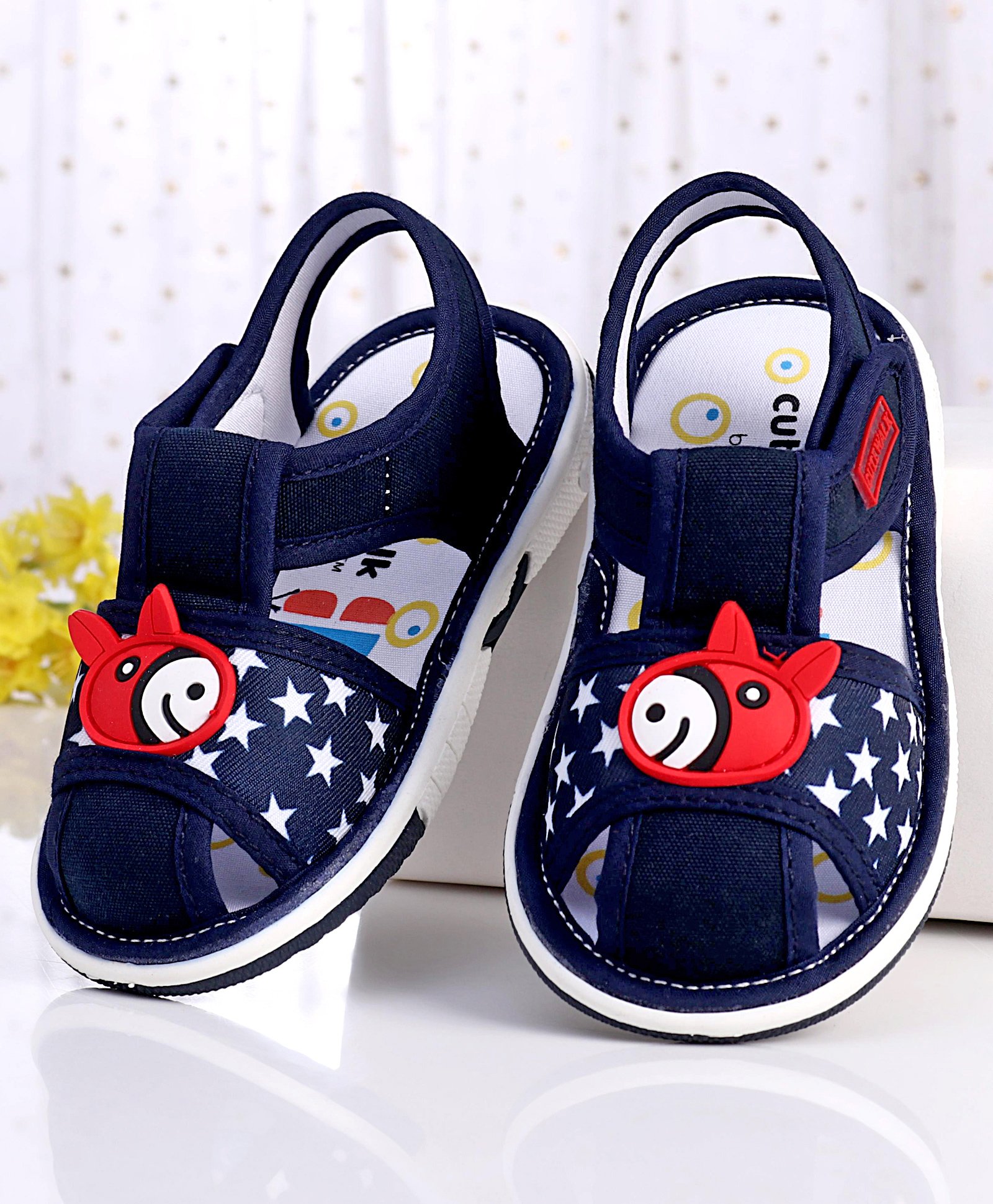 Cute Walk by Babyhug Slip On Sandals with Velcro Closure Stars Print with Fish Applique - Navy-image-49