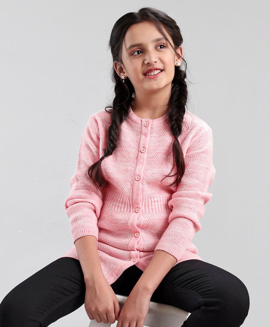 Pine Kids Full Sleeves Front Open Long Woolen Sweater for Moderate Winter - Pink-image-27