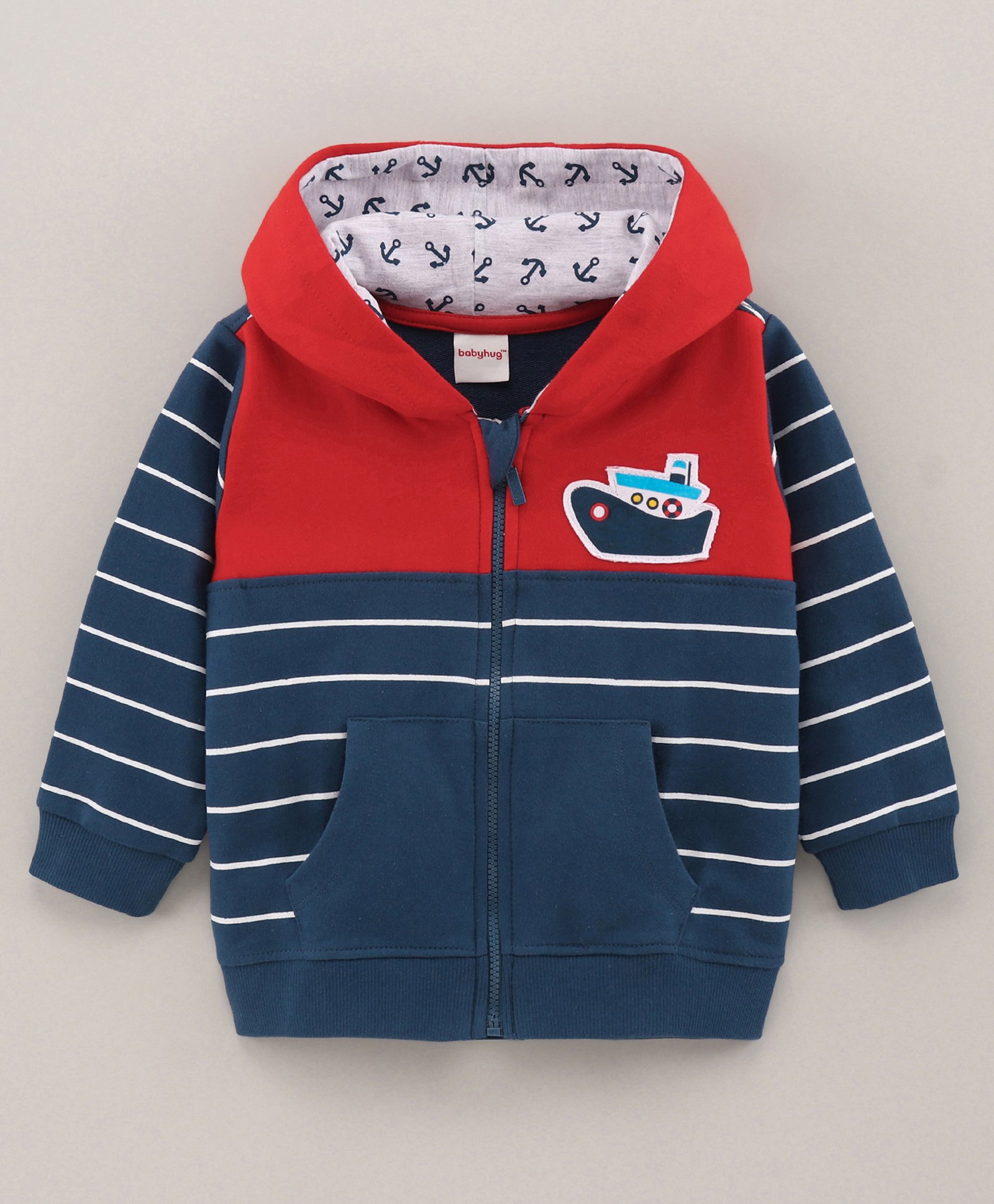 Babyhug Full Sleeves Sweatjacket with Hood Ship Print - Dark Blue-image-31