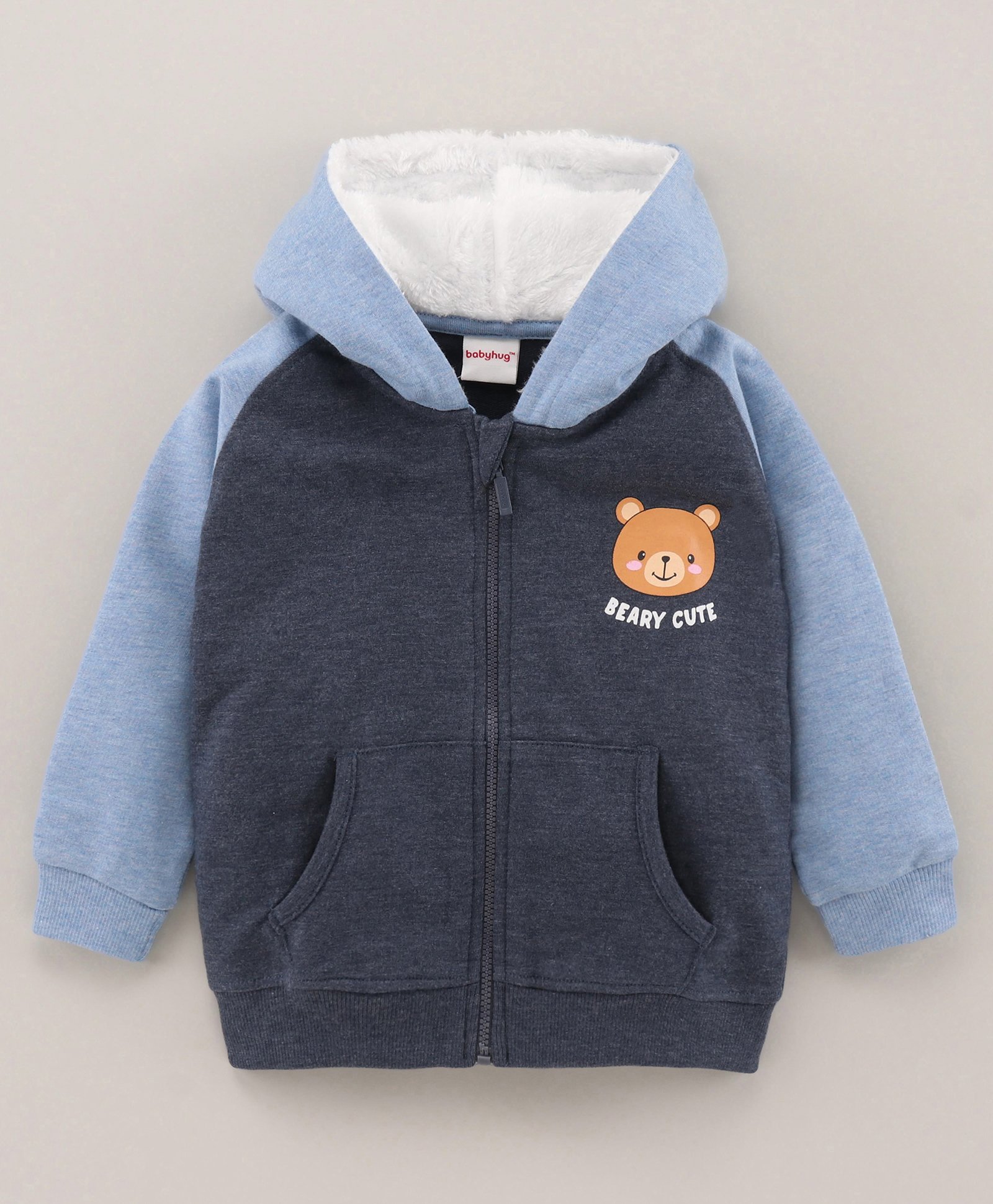 Babyhug Full Sleeves Cotton Knit Hooded Sweat-Jacket with Bear Print - Blue Melange-image-2