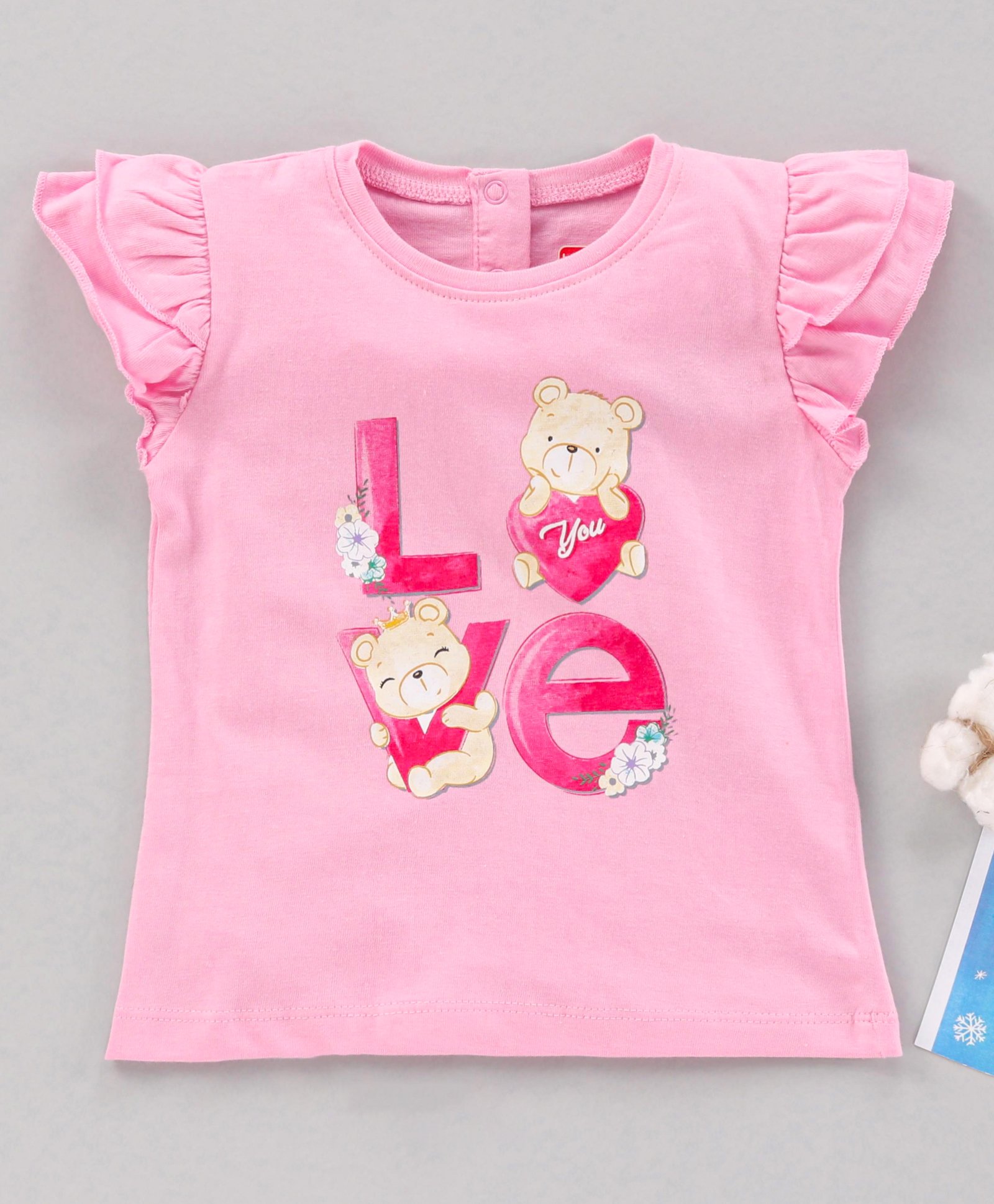 Babyhug Frill Sleeves Cotton Top Love Print - Pink-image-40