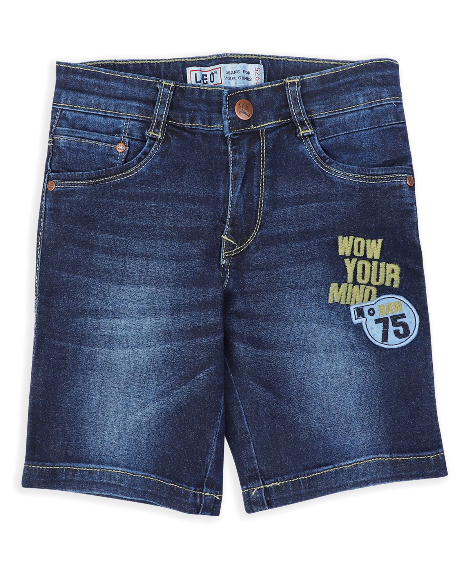 LEO Stretch Button Down Wow Your Mind Embroidered Solid Denim Bermuda Shorts - Navy Blue-picture-16