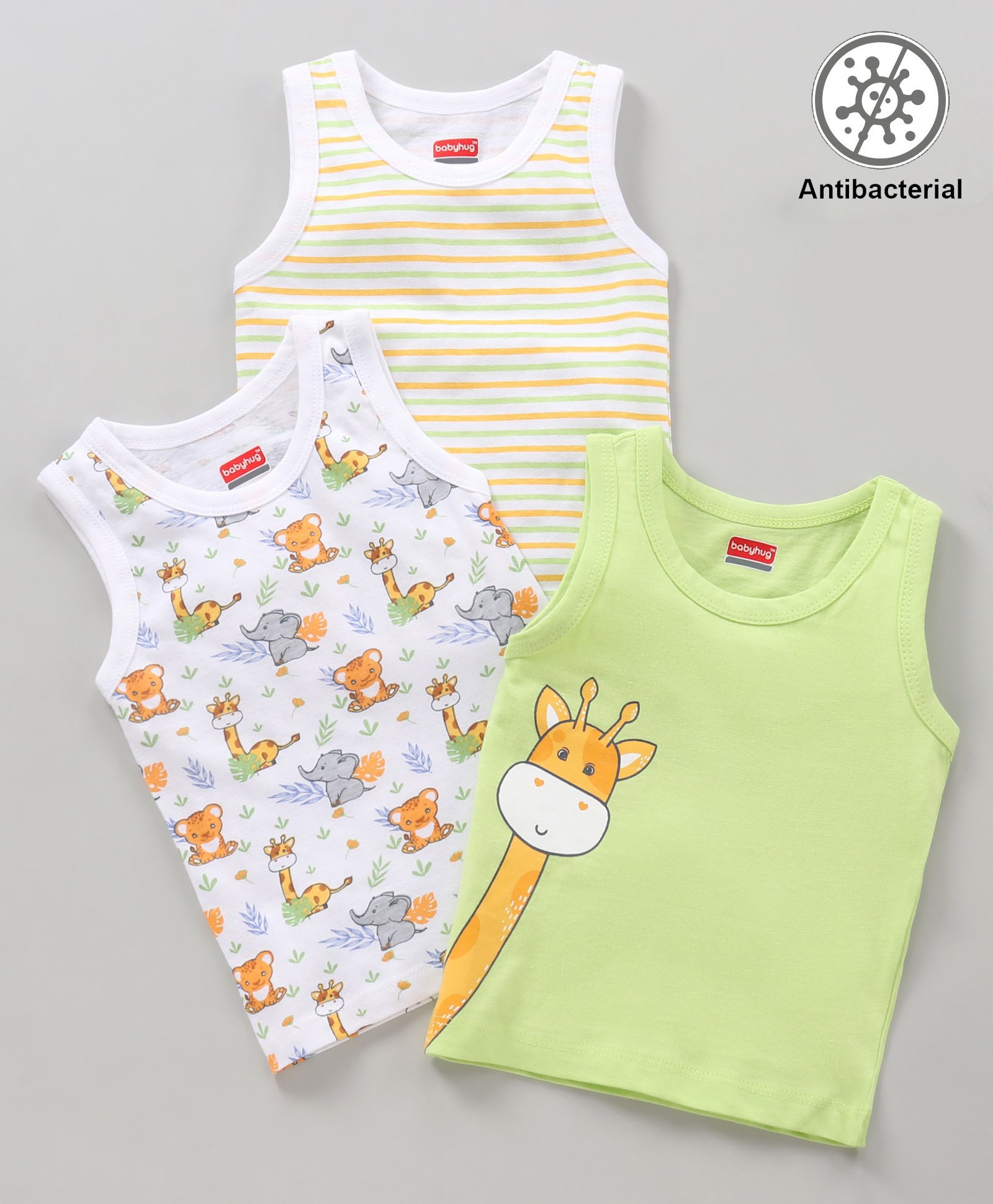 Babyhug 100% Cotton Antibacterial Sleeveless Sando Animals Print Pack of 3 - Green White-picture-19