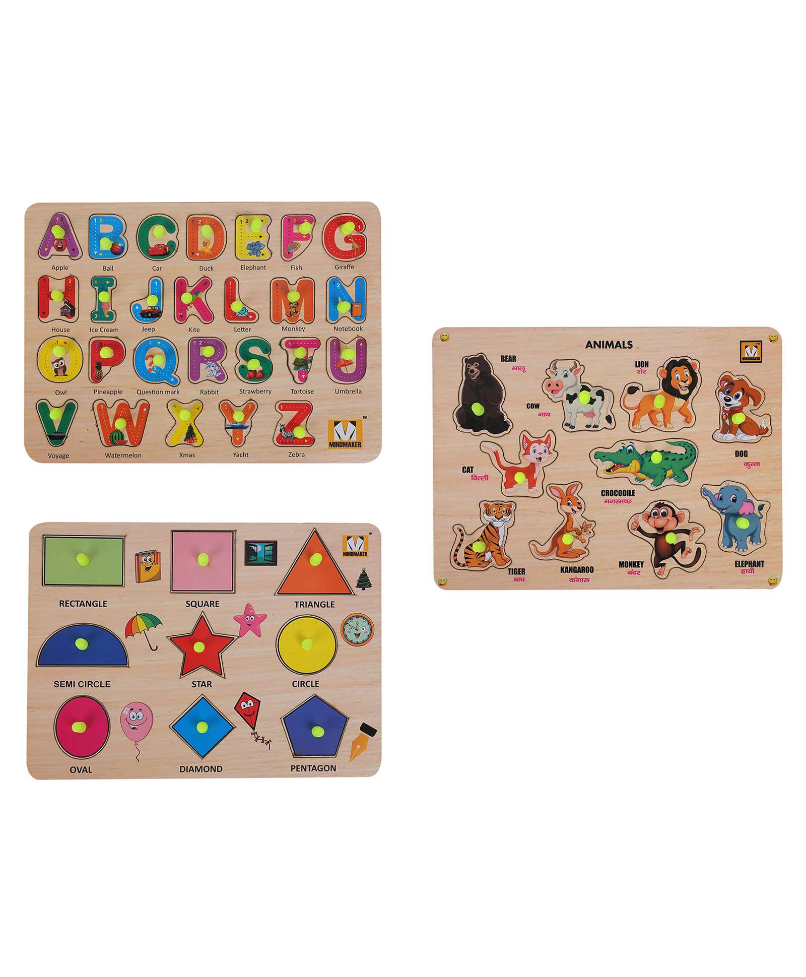 MINDMAKER Wooden Puzzle with Knobs Educational and Learning Toy Alphabet Fruits & Aquatic Multicolour - 43 pieces-picture-17