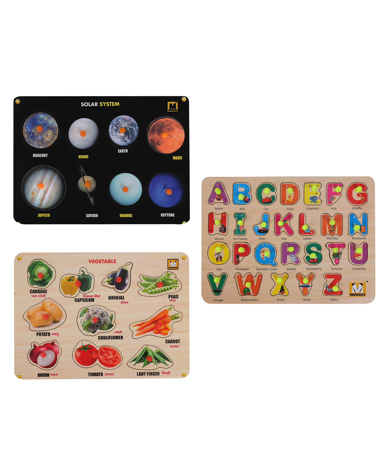 MINDMAKER Wooden Puzzle with Knobs Educational and Learning Toy for Kids Vegetable Alphabet & Solar ( Color May Vary)-picture-25