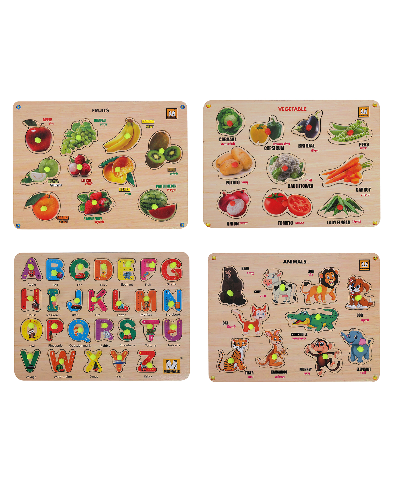 MINDMAKER - Wooden Puzzle with Knobs Puzzle for Kids Animal Alphabet Vegetable & Fruit - 54 pieces-image-49