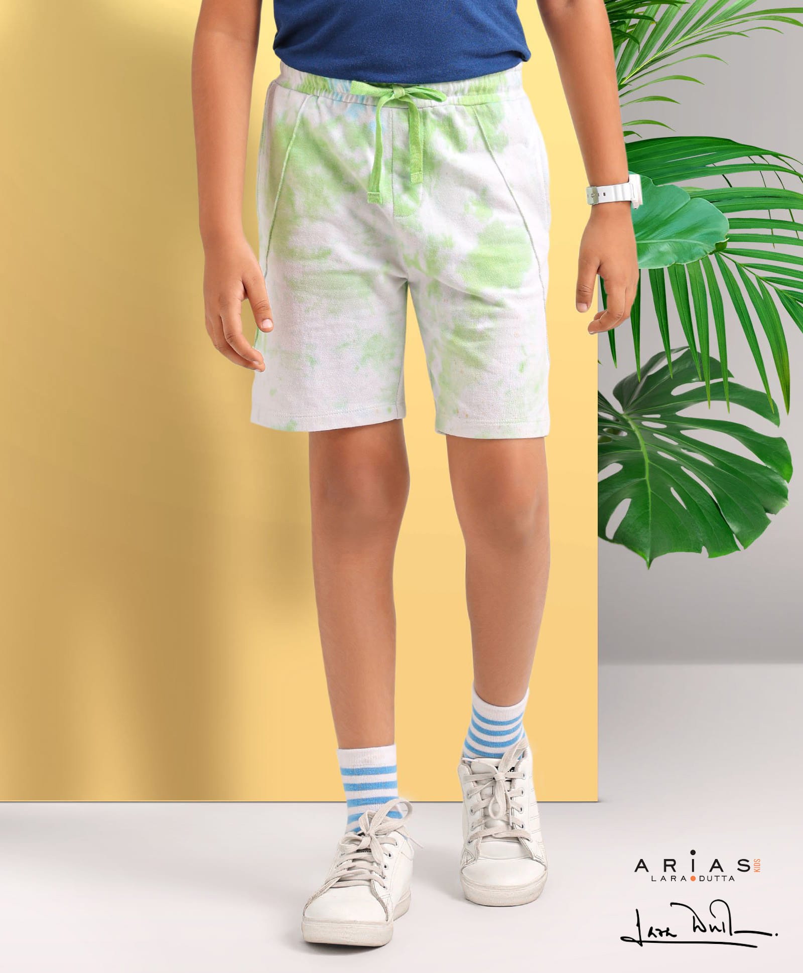arias by lara dutta Arias Cotton Modal Stretch Pique Looper Knit Shorts with Tie Dye - Green-picture-13