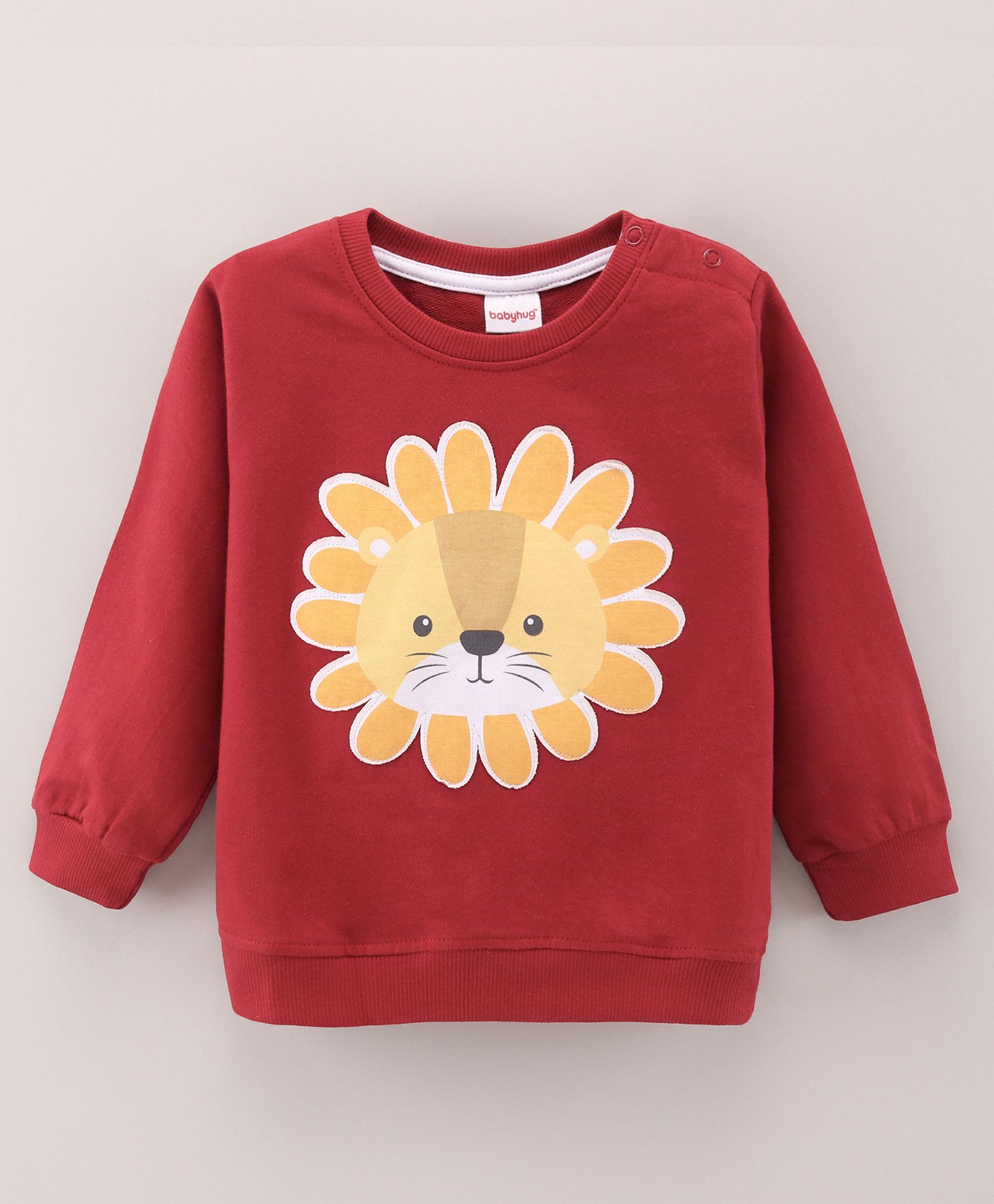 Babyhug Full Sleeves Cotton Knit Sweatshirt With Lion Print Applique - Maroon