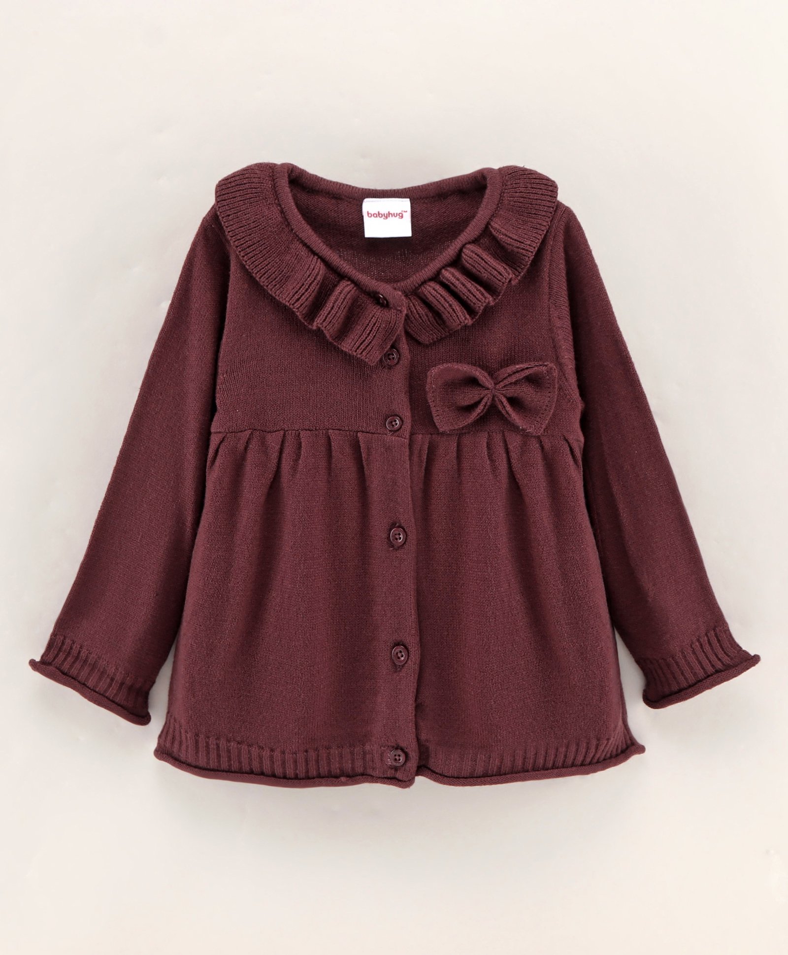 Babyhug Full Sleeves Solid Sweaters with Bow Applique - Brown-image-1