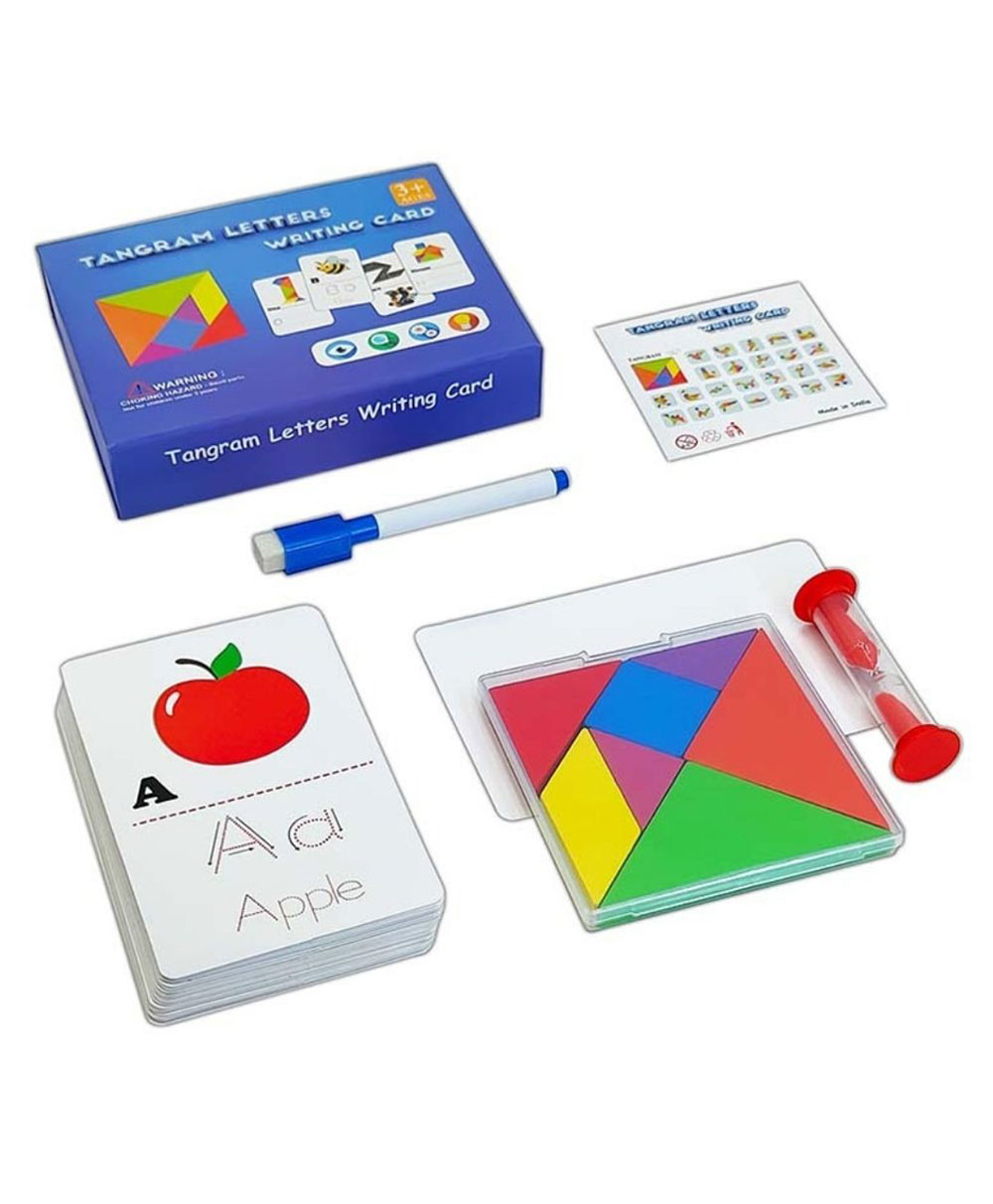 Happy Hues Wooden Tangram With Alphabet Writing Wipeable Card Learning & Creative Puzzle 3D Puzzle Road Trip Game IQ brain Teaser Toys - Multicolor-image-30