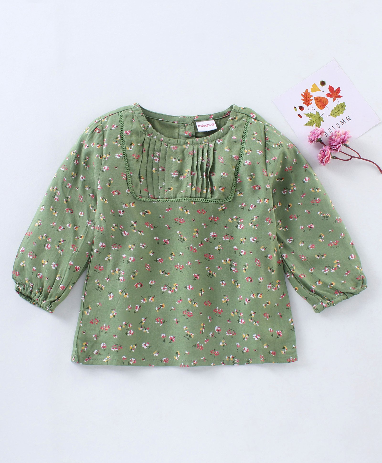 Babyhug Full Sleeves Floral Printed Rayon Top With  Pleated Yoke  And Ladder Lace Detailing- Olive Green-image-35