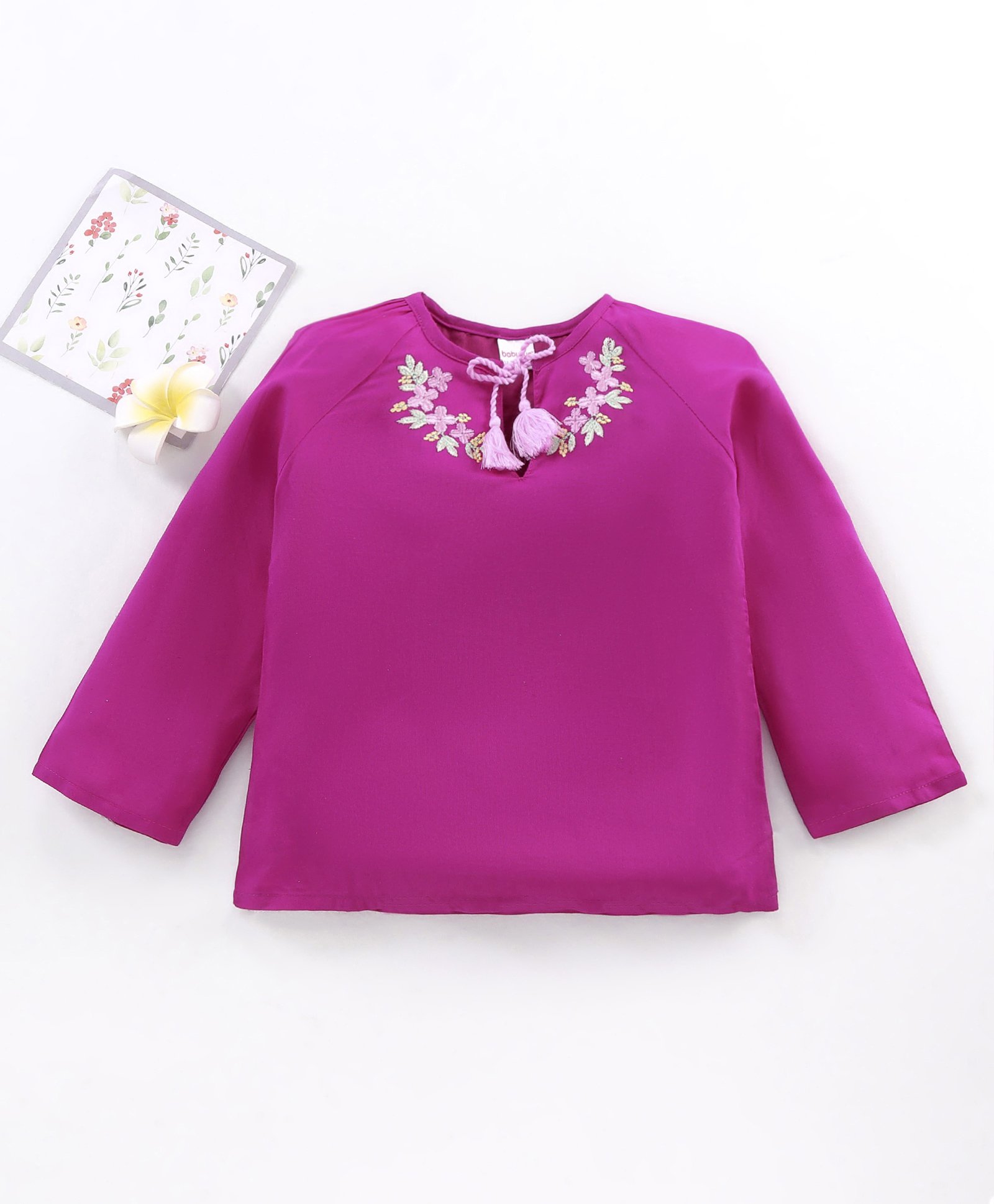Babyhug Full Sleeves Solid Rayon Top With Draw-String And Embroidery Detailing- Purple-picture-13
