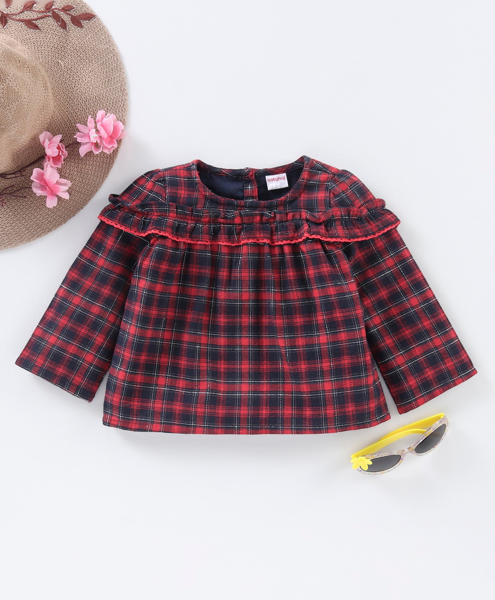 Babyhug Full Sleeves Checks Poly-Cotton Flannel Top With Lace & Frill Detailing- Red Navy-image-2