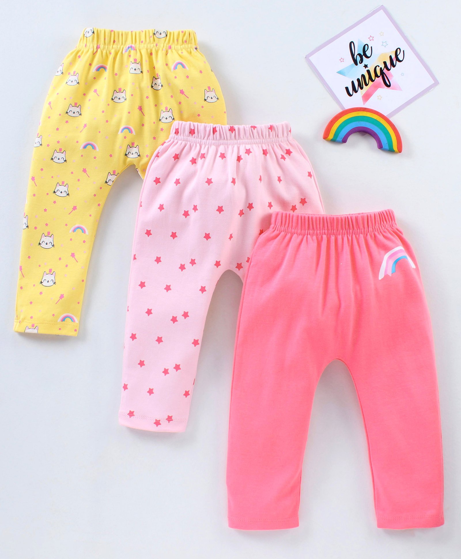 Babyhug Full Length Diaper Leggings Star & Kitty Print Pack of 3  - Yellow Light & Dark Pink-image-48
