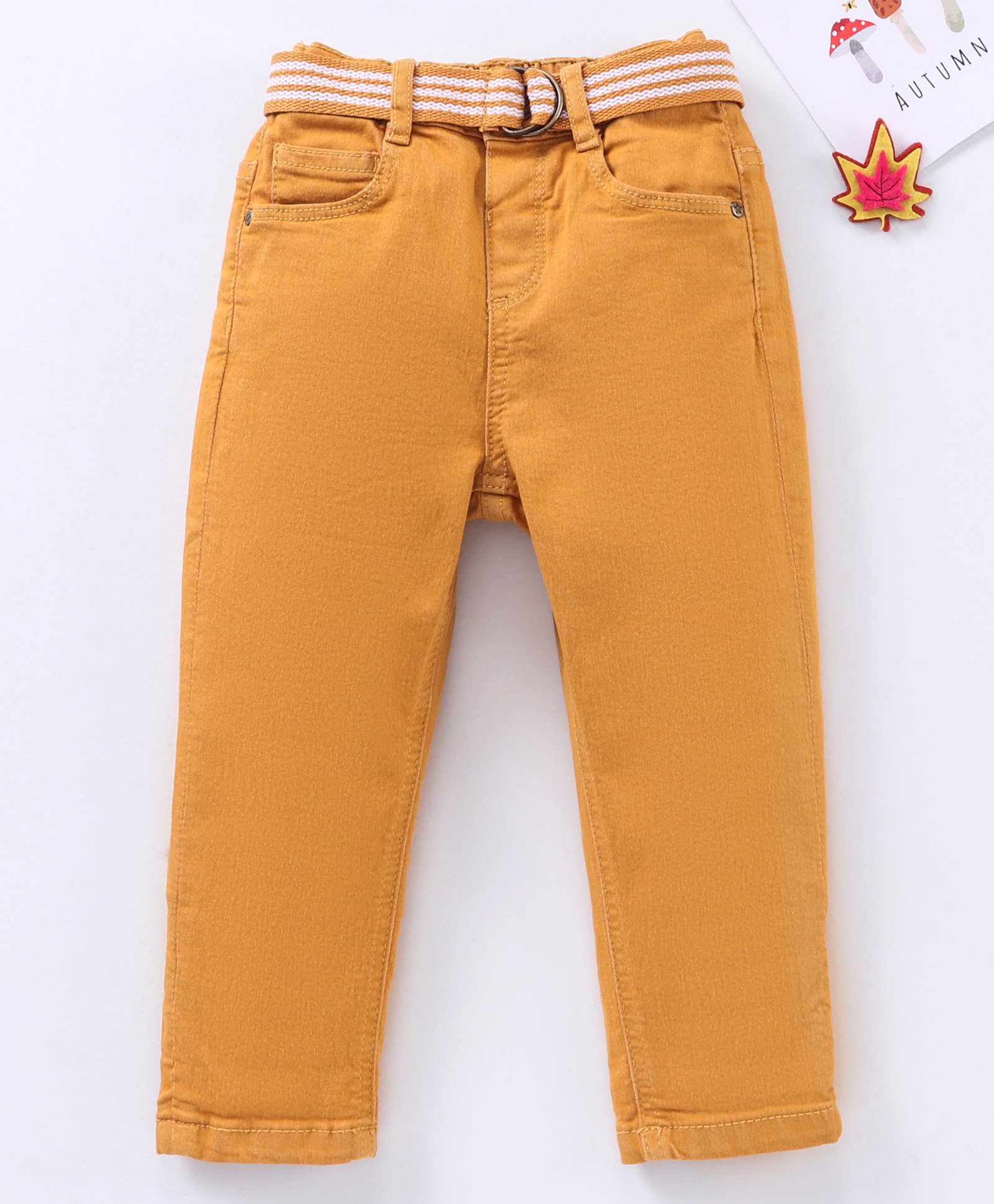 Babyhug Stretchable Full Length Washed Solid Colour Jeans With Belt  With Mock Fly  - Mustard Yellow-picture-26