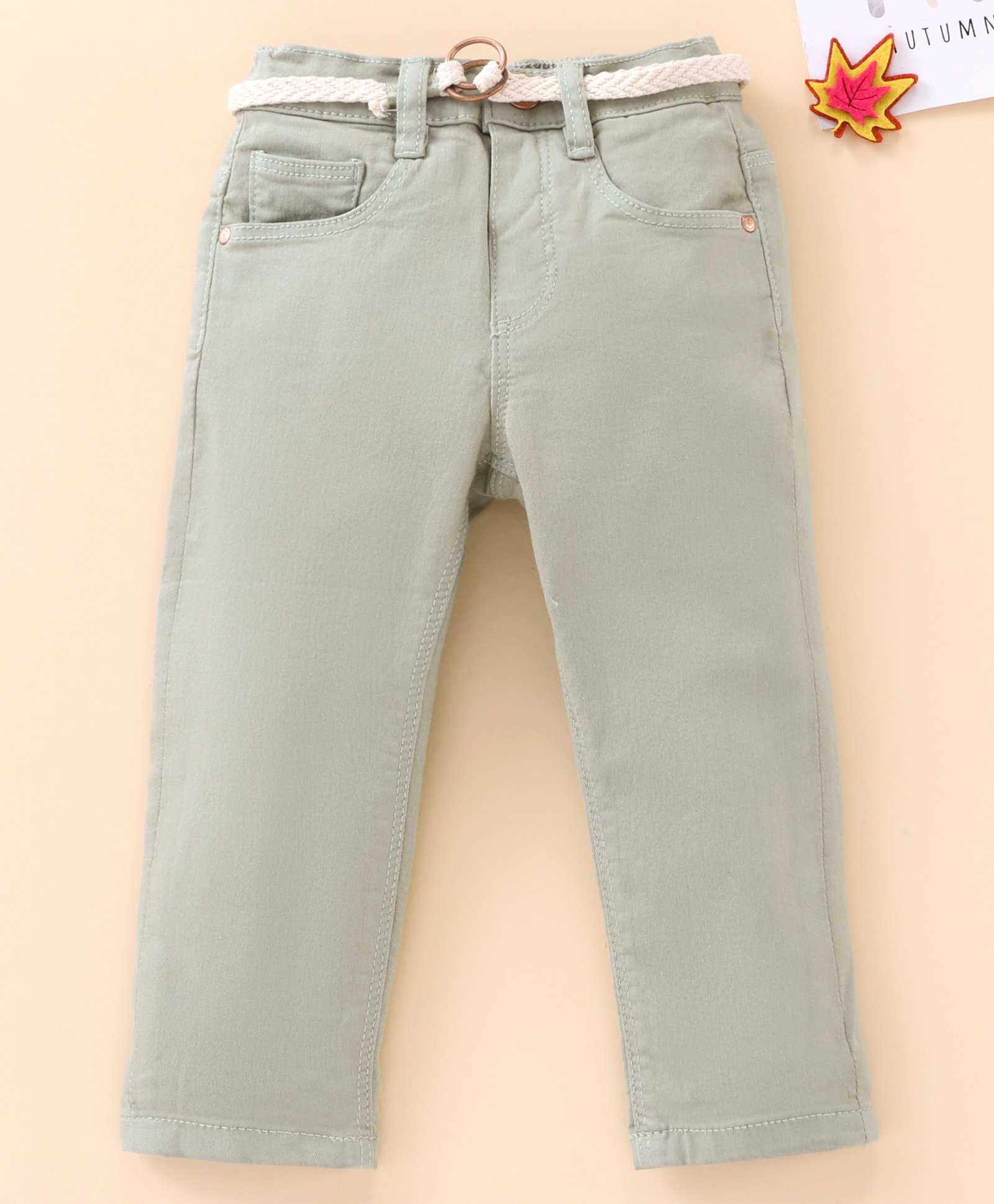 Babyhug Full Length Washed Solid Colour Jeans With Belt With Mock Fly  -Grey-picture-22