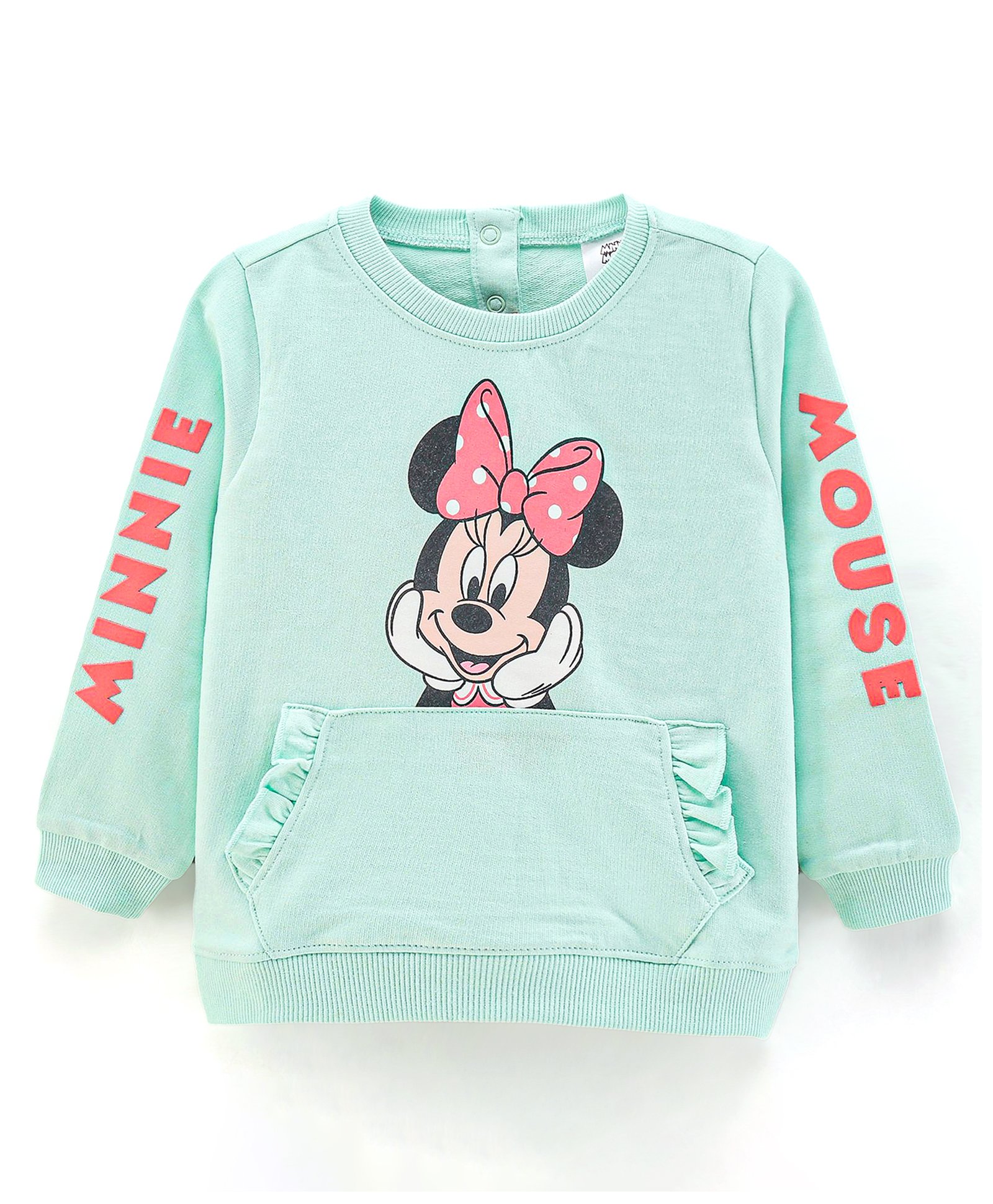 Babyhug Full Sleeves Knit Sweatshirt with Minnie Mouse Graphic & HD Text Print at Sleeves- Mint Green-image-19