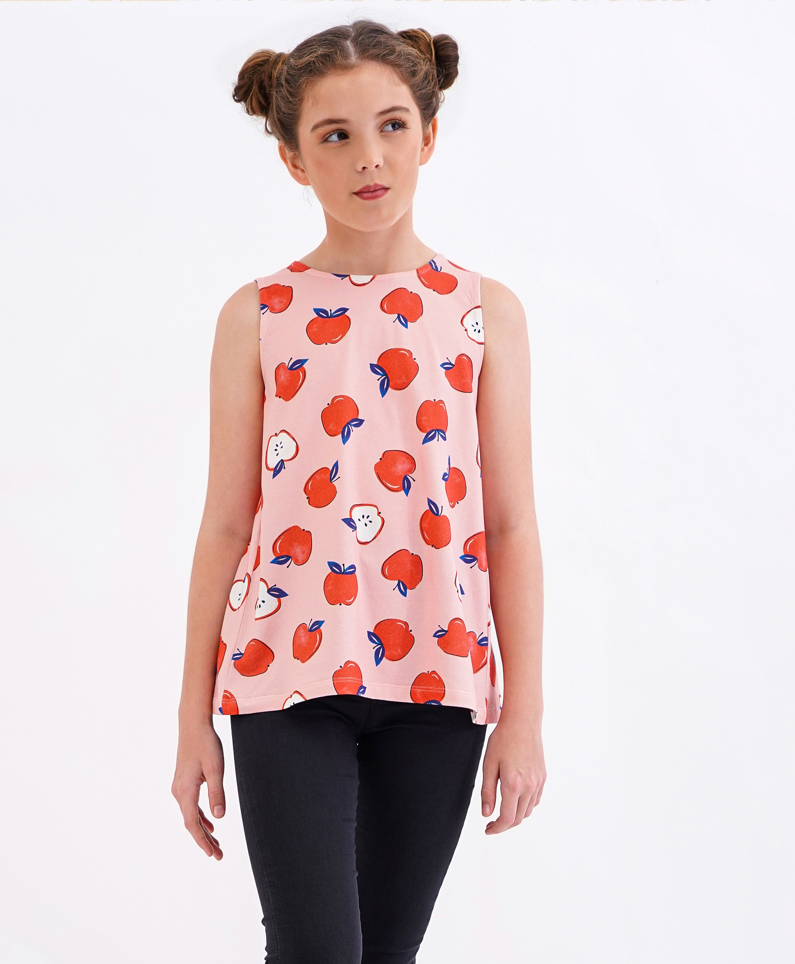 Primo Gino All Over Fruit Digital Print Sleeveless Top with Overlap Detailing at Back in Cotton Elastane Fabric - Peach-picture-20