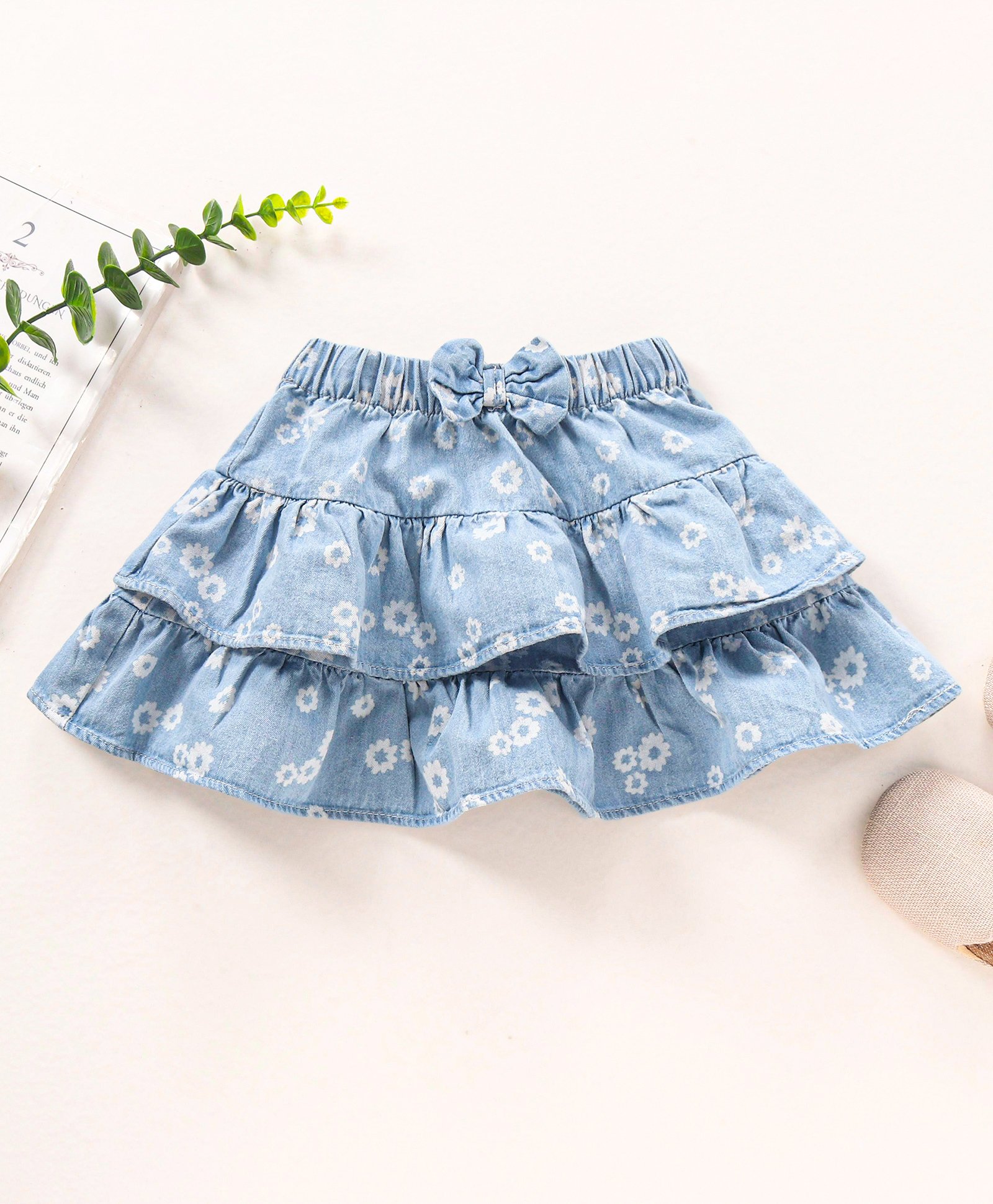 Babyhug Cotton Denim Layered Skirt Floral Print With Bow Applique- Blue-image-21
