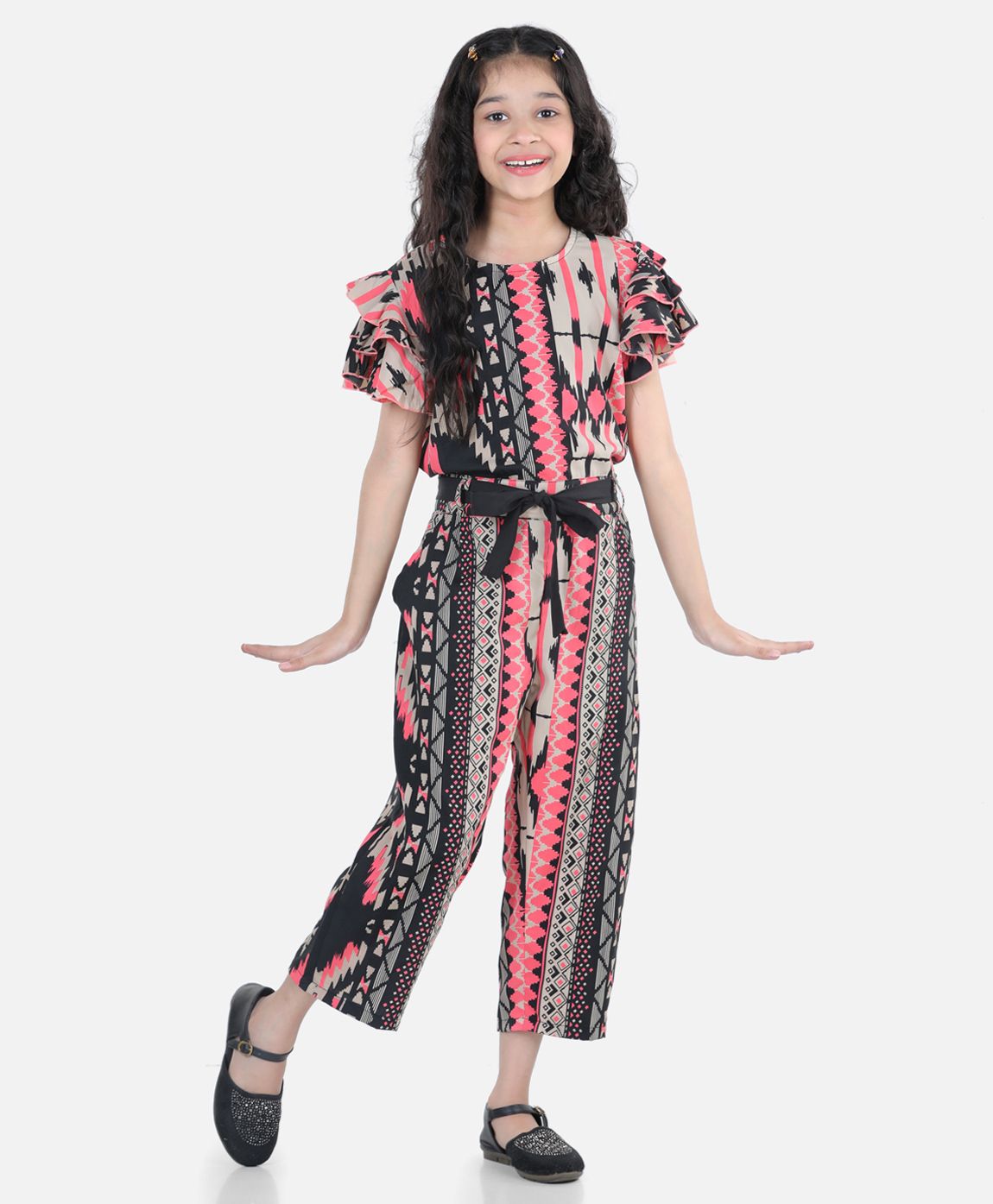 Cutiekins Half Sleeves Aztech Printed Capri Jumpsuit With Fabric Belt Detail - Pink Black-image-49
