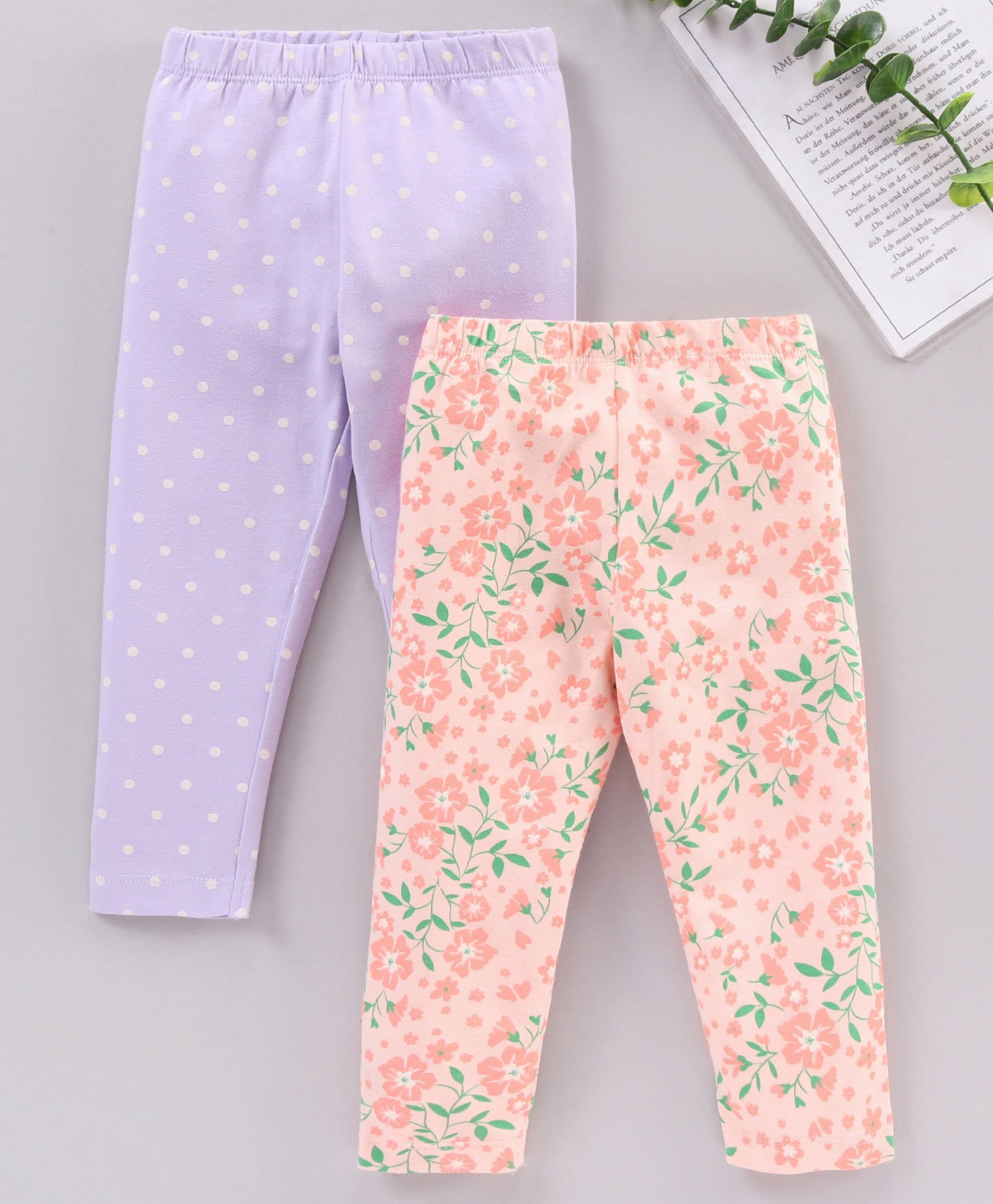 Babyhug Full Length Knit Leggings Floral & Polka Print Pack Of 2 - Peach Lilac Purple-image-0