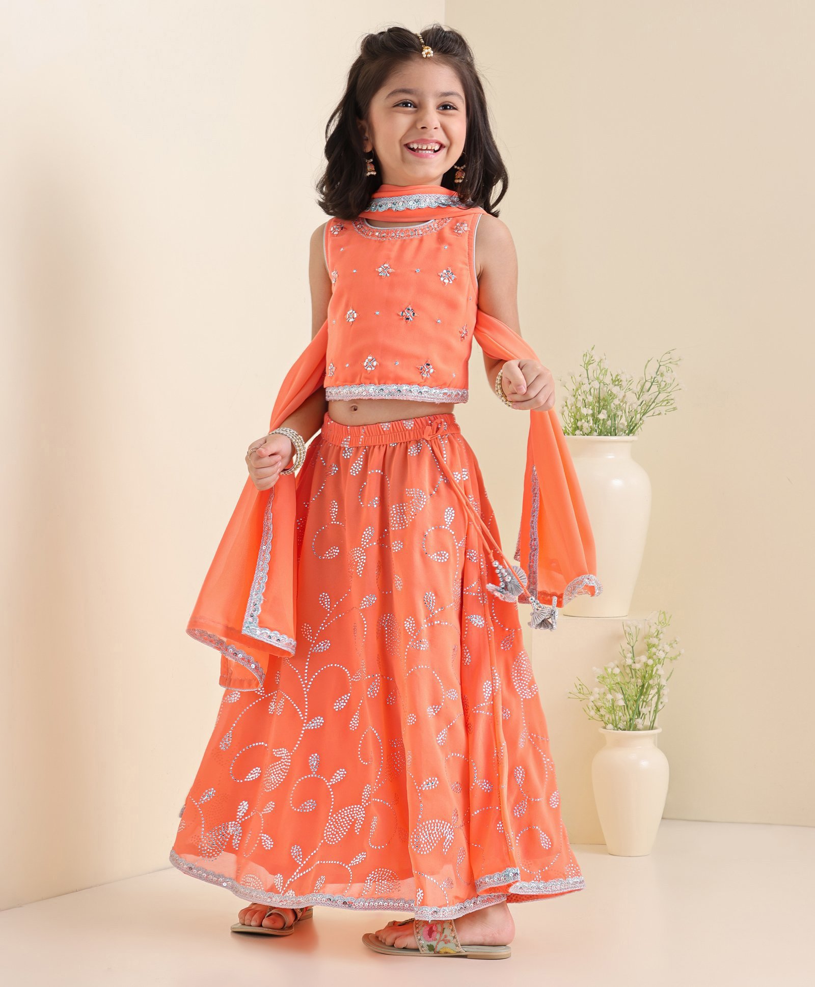 Babyhug Sleeveless Embroidered Choli Wth Embossed Print Lehenga and Dupatta Set - Coral-image-9