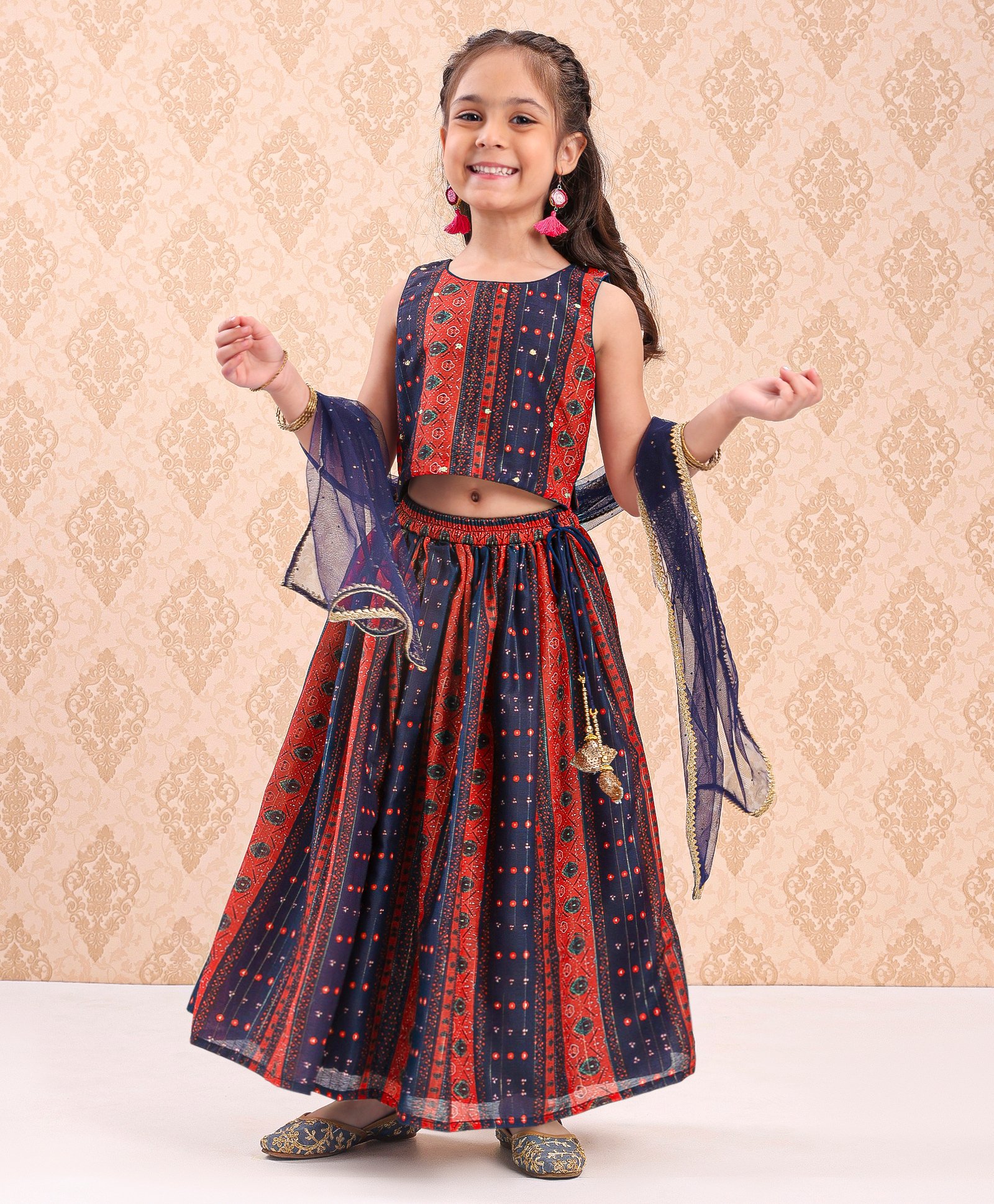 Babyhug Sleeveless Woven Printed Lehenga & Choli Set With Dupatta - Navy Blue-image-35