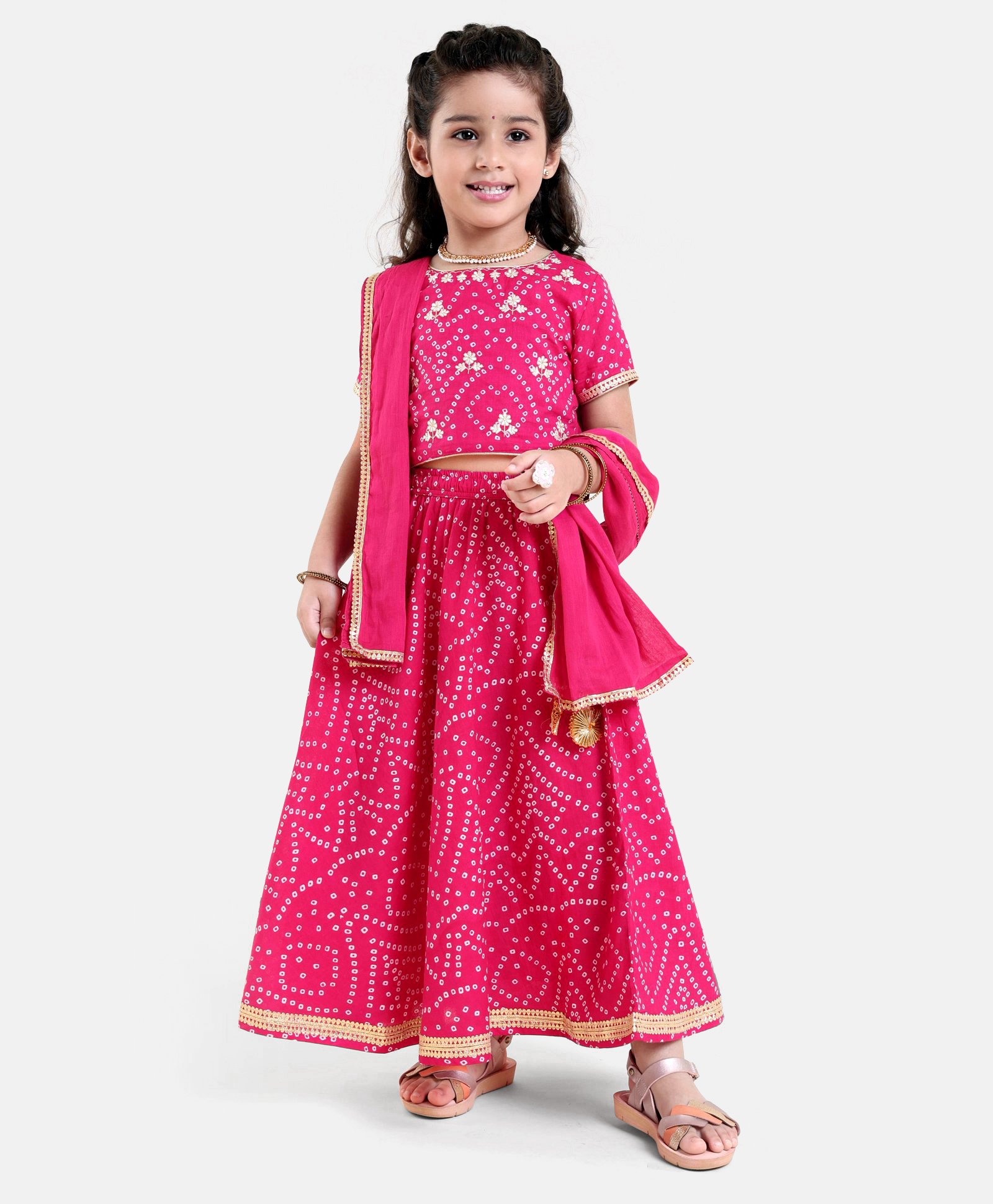 Babyoye Short Sleeves Choli Lehenga Jari Border Dupatta Bandhani Print - Fuschia-image-1