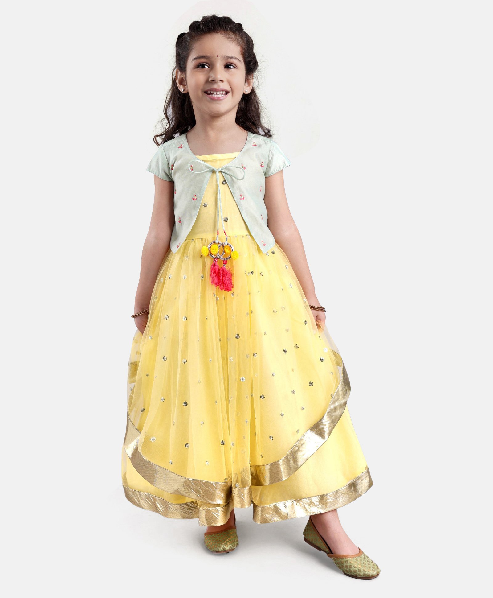 Babyoye Short Sleeves Embroidered Ethnic Dress - Yellow-image-37