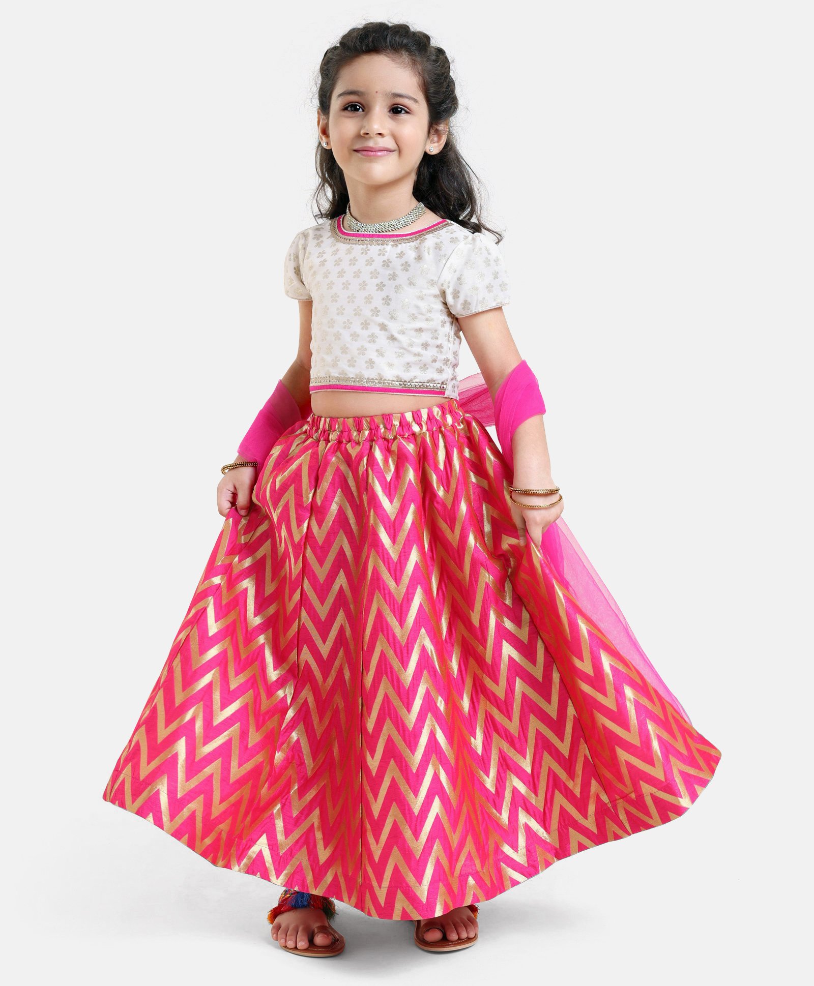 Babyoye Poly Cotton Half Sleeves Choli & Lehenga With Dupatta Foil Print- Pink-image-21
