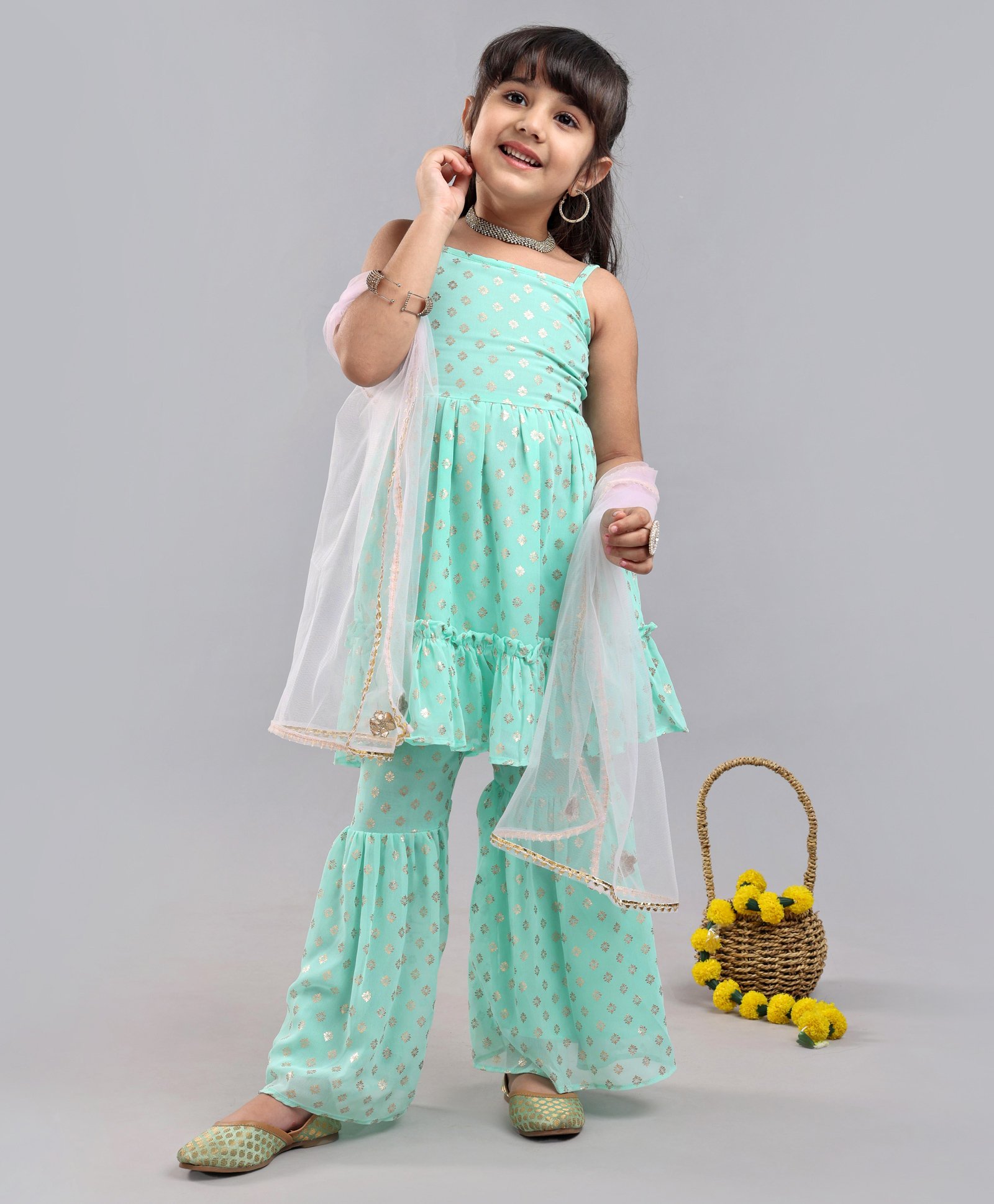 Babyoye Sleeveless Kurti & Sharara Set Ethnic Print - Blue-picture-28