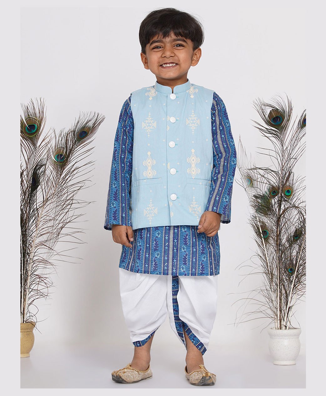Little Bansi Full Sleeves All Over Floral Motif Print Kurta With Coordinated Lace Detailing Dhoti & Motif Print Jacket - Indigo Blue Sky Blue & White-image-41