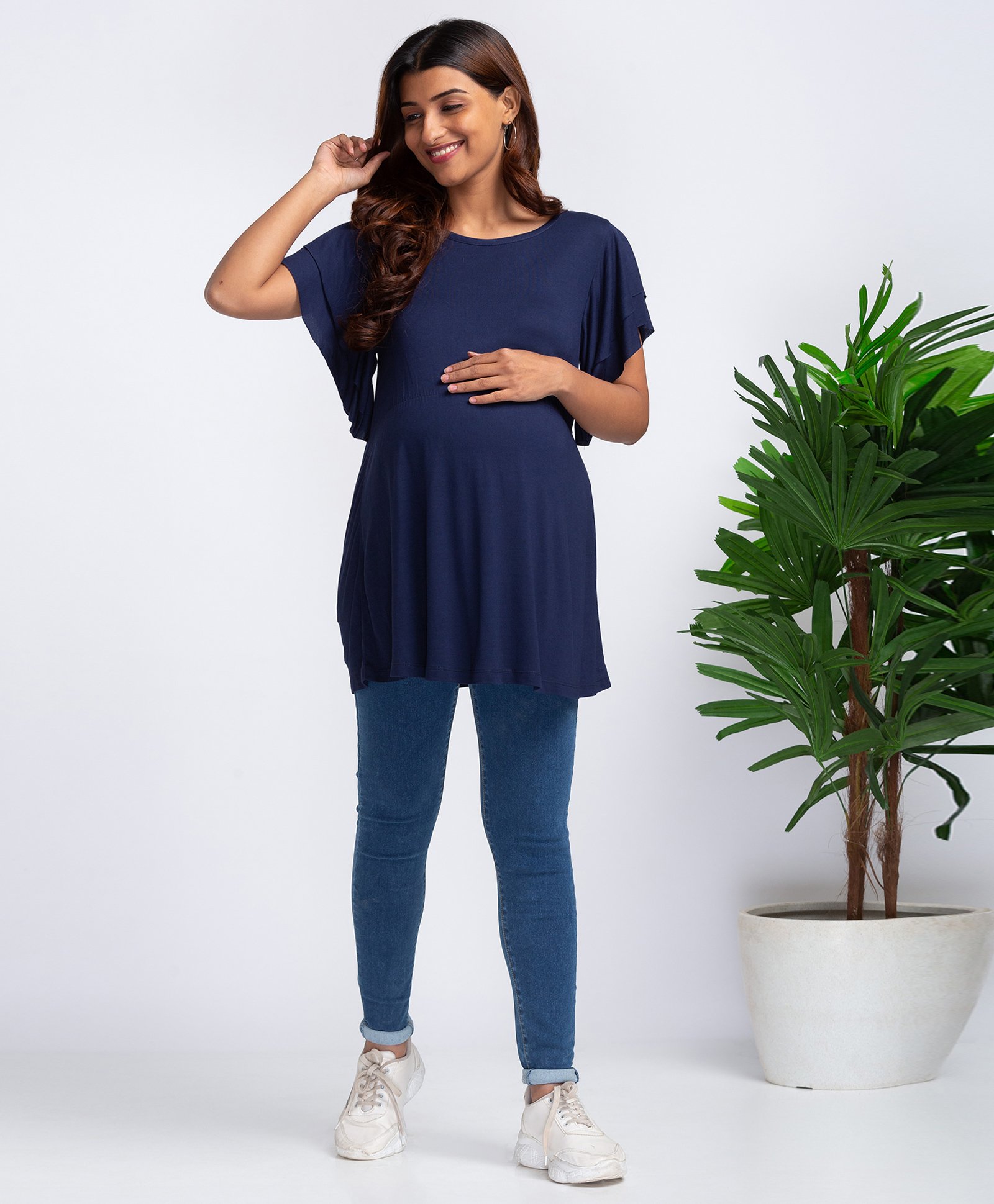 Bella Mama Half Sleeves Viscose Solid Maternity Top - Navy-picture-23