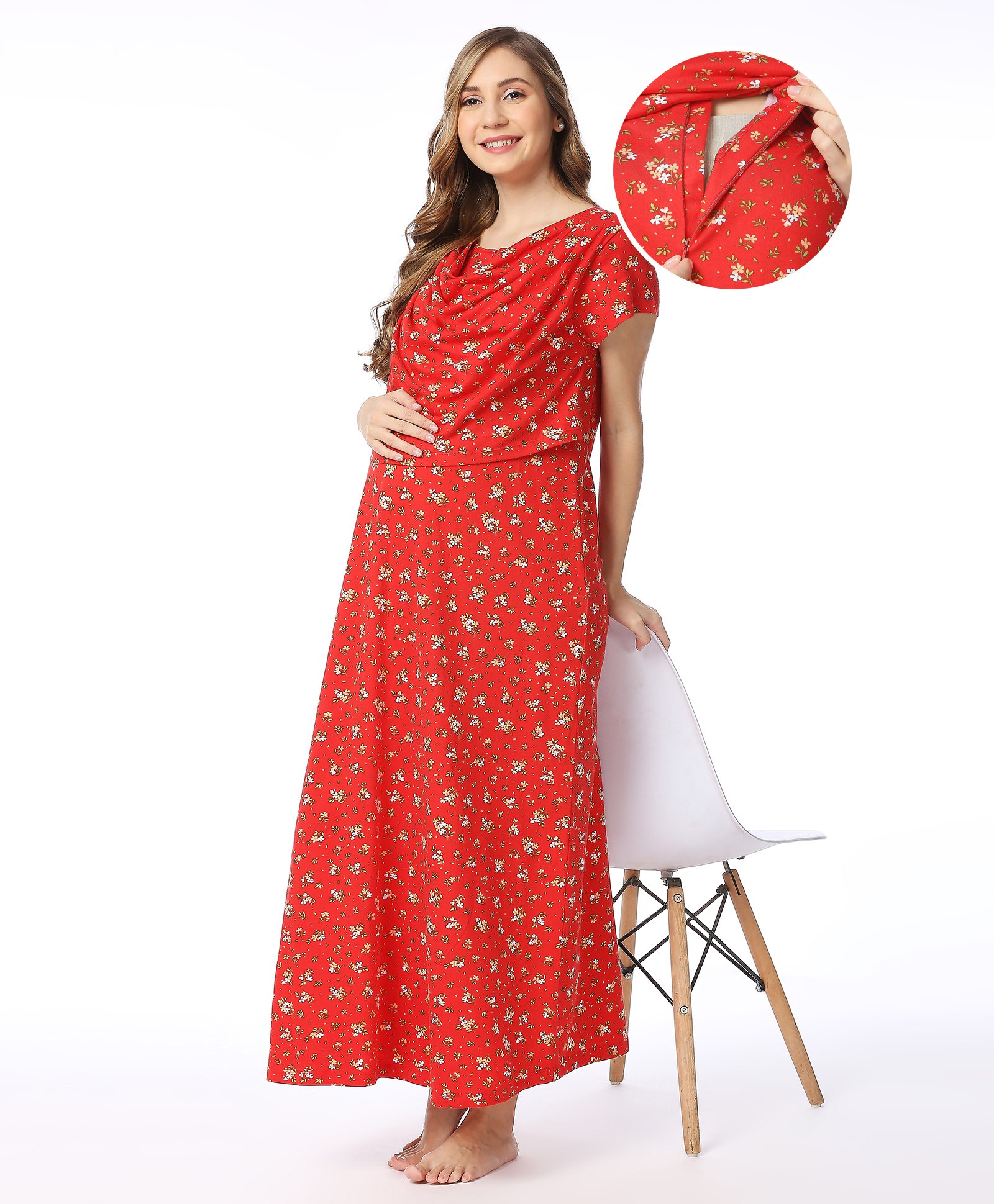 Bella Mama Half Sleeves Maternity Nursing Nighty Floral Print - Red-image-18