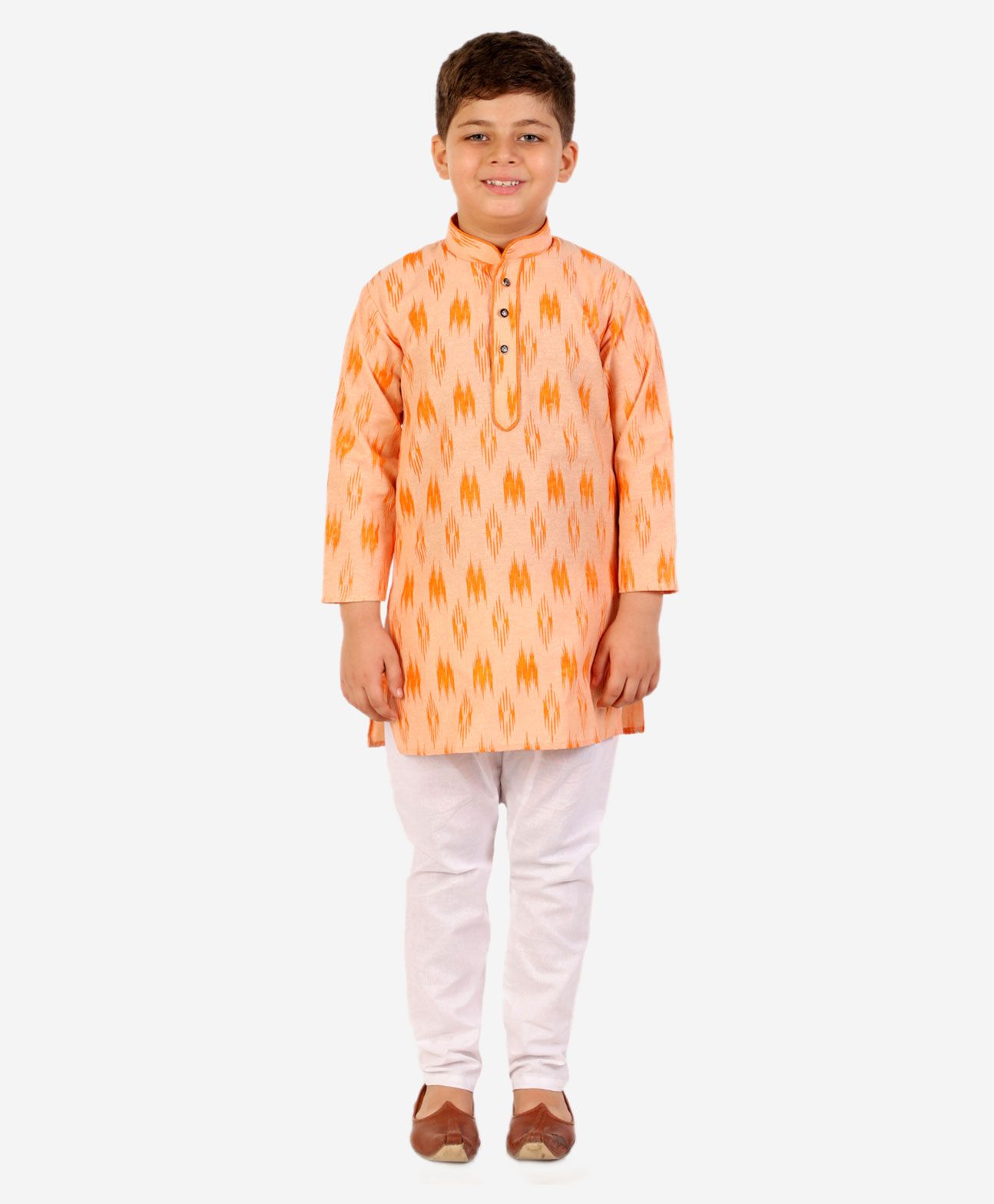 P-MARK Full Sleeves Warp Ikat Traditional Kurta & Pyjama Set - Orange-image-49