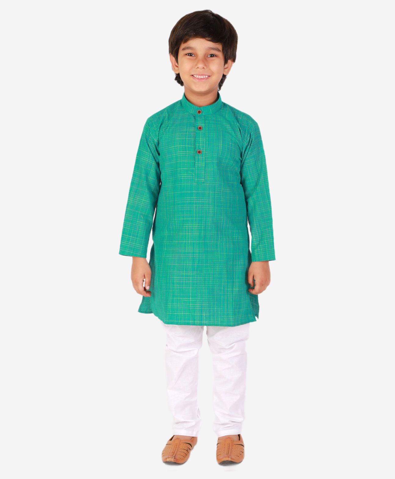 P-MARK Full Sleeves Tattersall Checked Kurta & Pyjama Set - Green-image-19