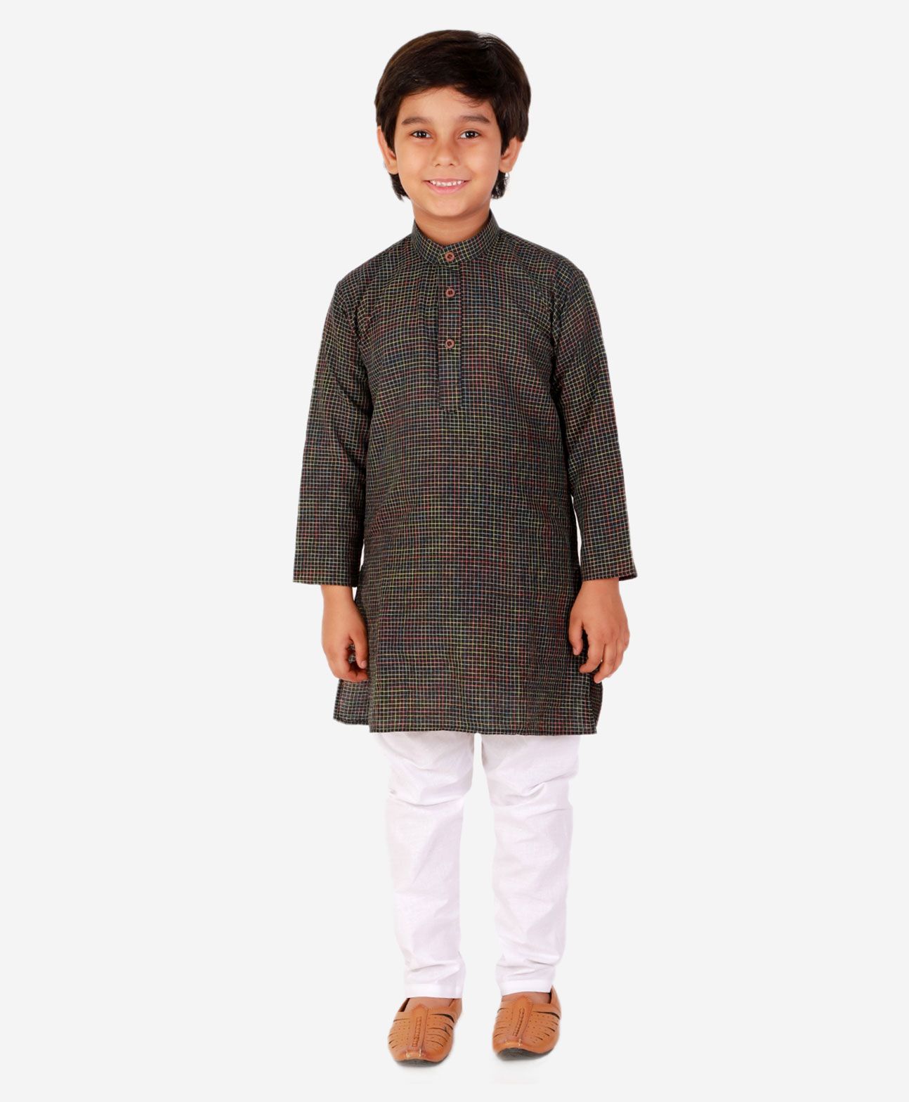 P-MARK Full Sleeves Tattersall Checked Kurta & Pyjama Set - Black-picture-18