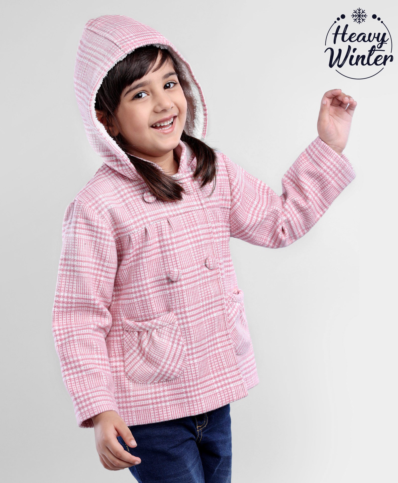 Babyoye Cotton Blend Full Sleeves Hooded Neck Jacket Checks Pattern - Pink-image-42