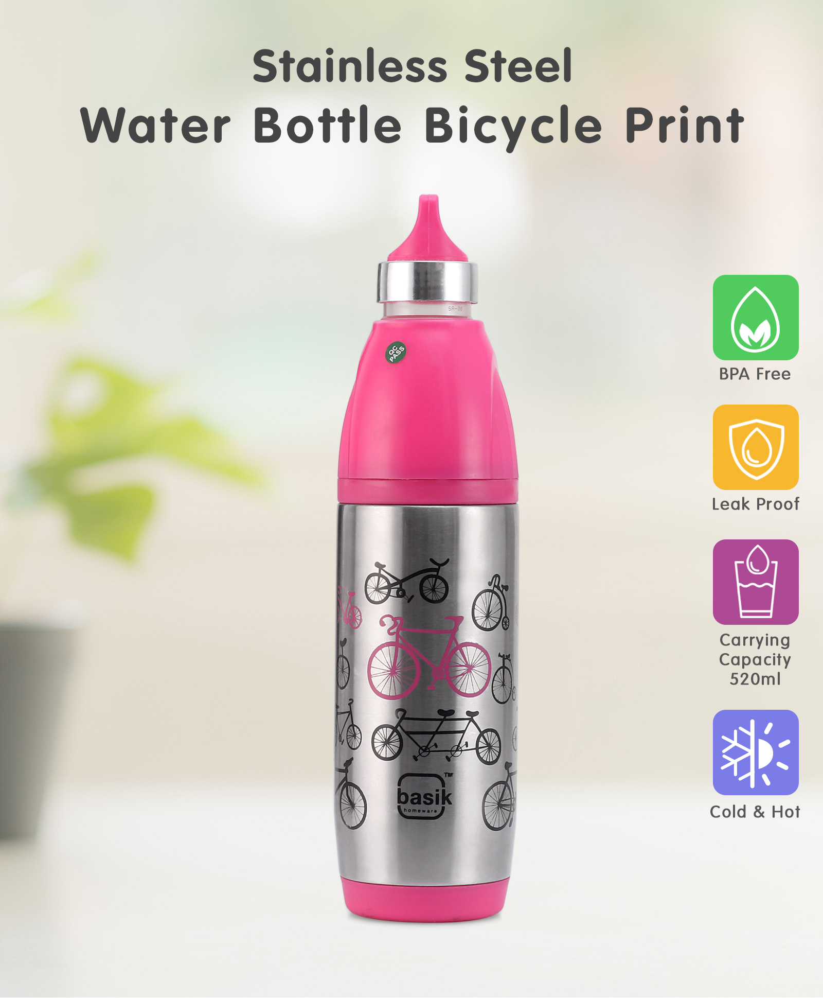 Stainless Steel Water Bottle Bicycle Print 520 ml (Color May Vary)-image-21