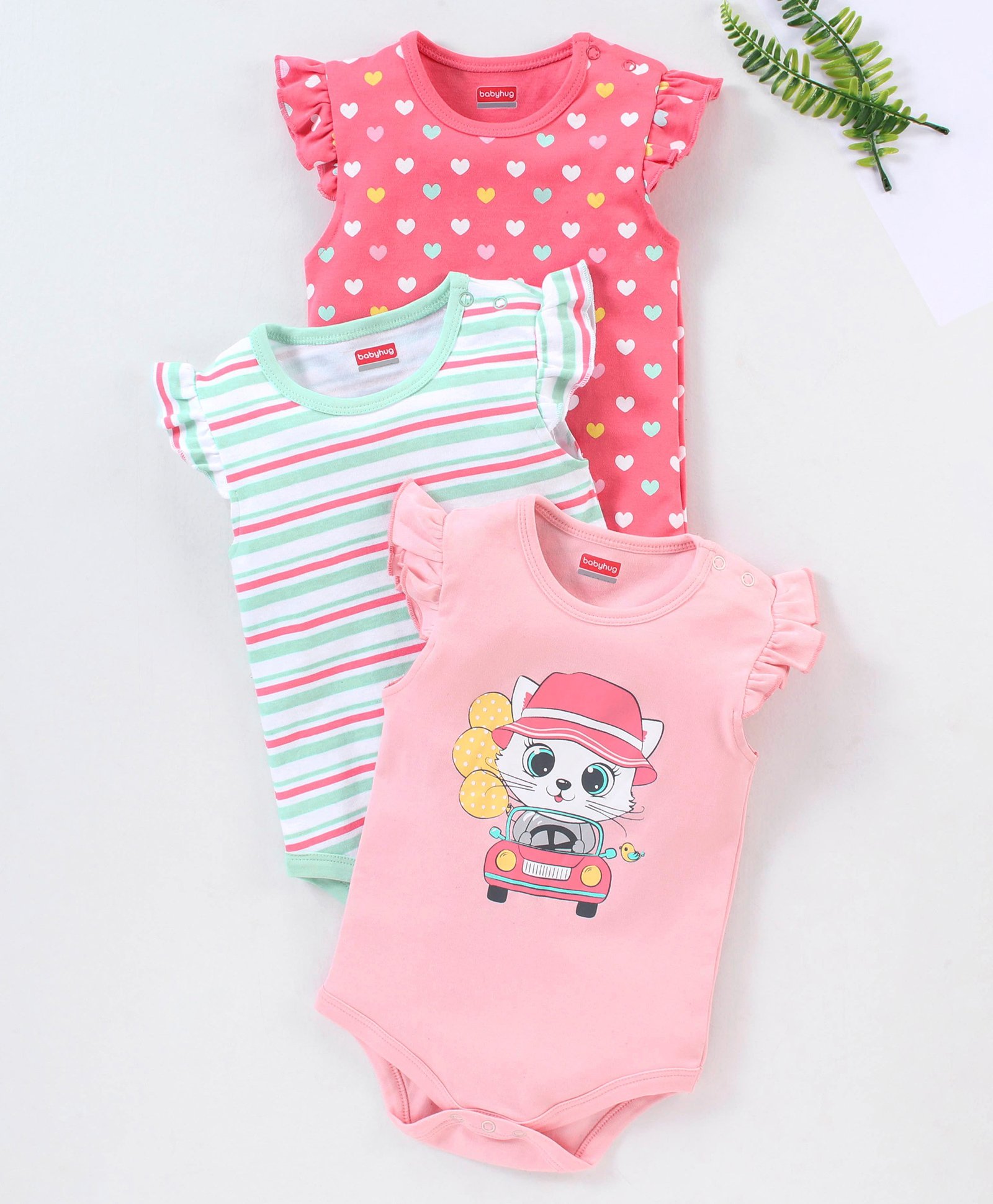 Babyhug 100% Cotton Knit Frill Sleeves Onesie Stripes & Heart Print Pack of 3 - Pink & Blue-picture-12