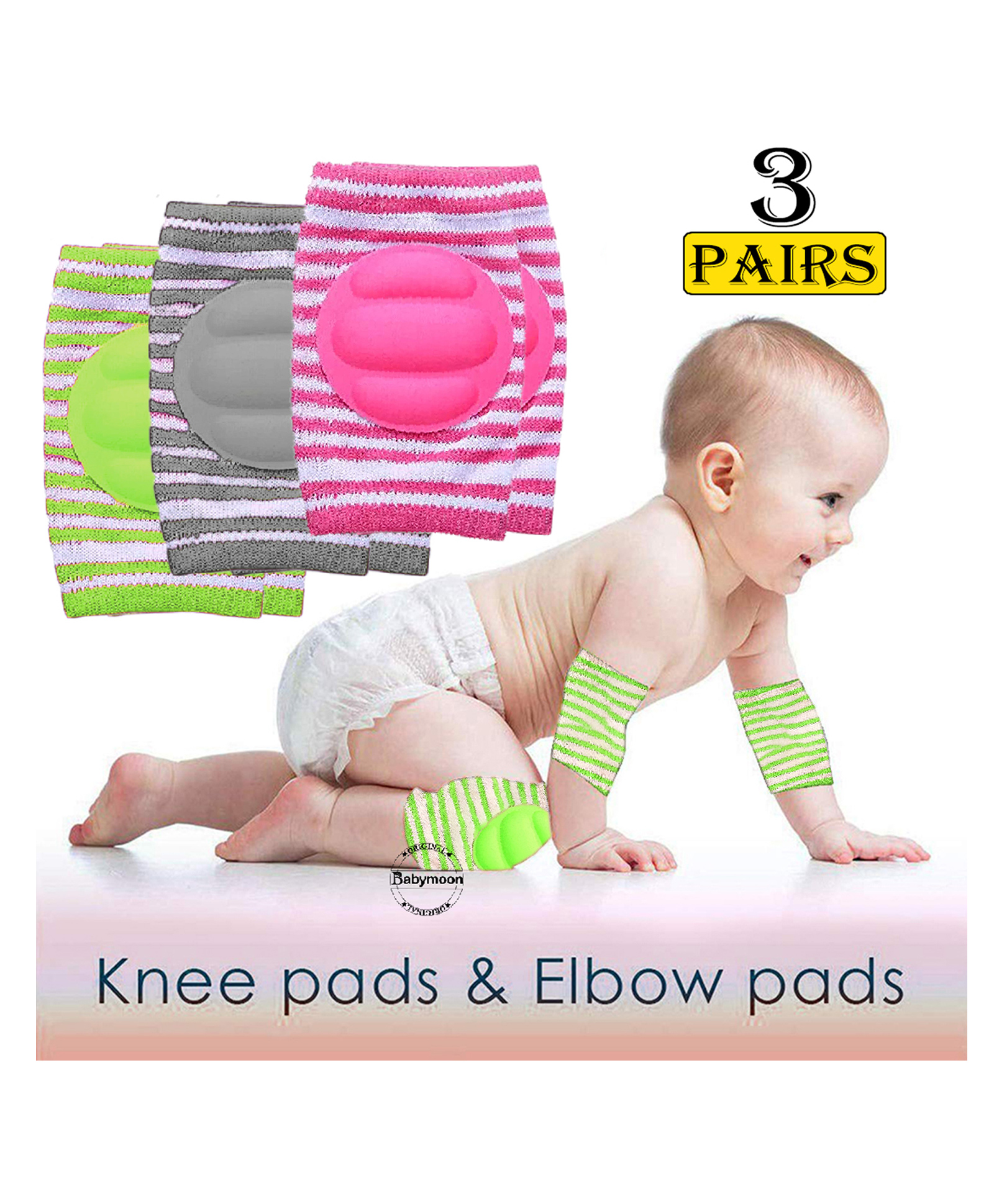 Babymoon Padded Kids Knee Elbow Protection Pads Pack of 3 - Green Grey Pink-image-34