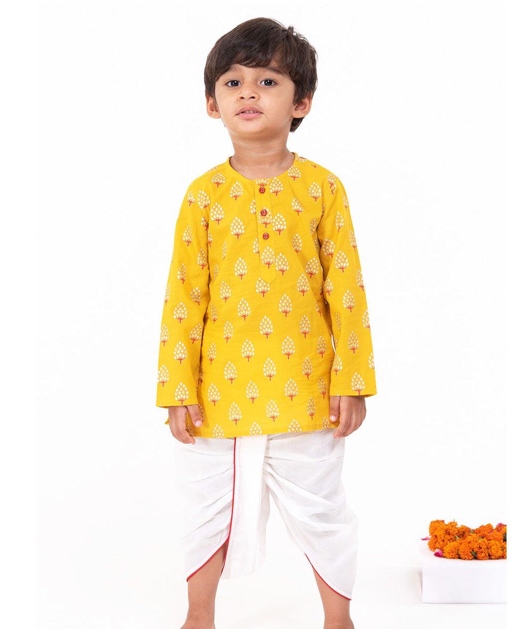 Campana Full Sleeves Tree Motif Print Kurta & Bansi Dhoti Set - Mustard & Off White-picture-24