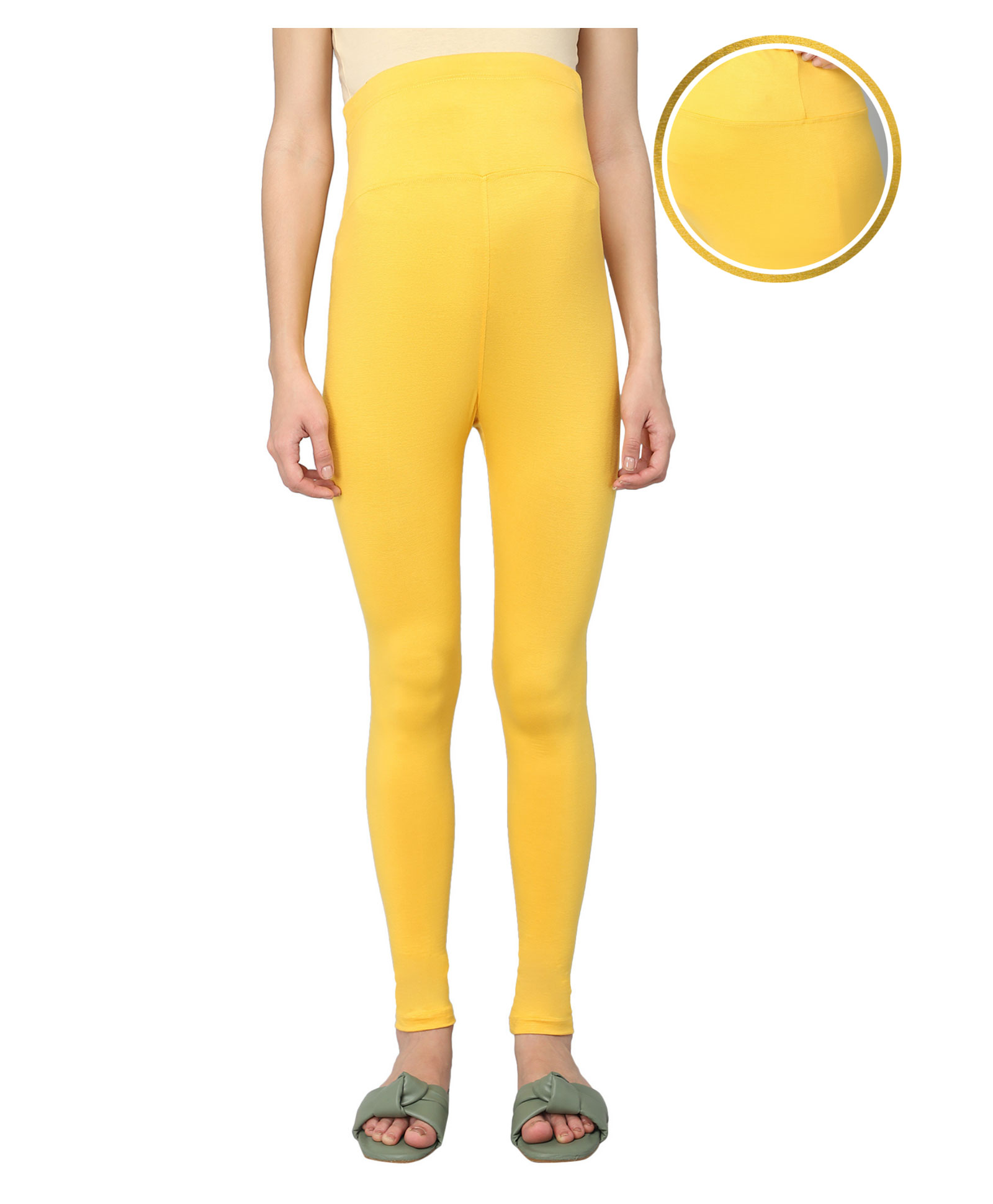 Zelena Full Length Pregnancy Belly Leggings With Adjustable High Waist Elastic - Yellow-image-16